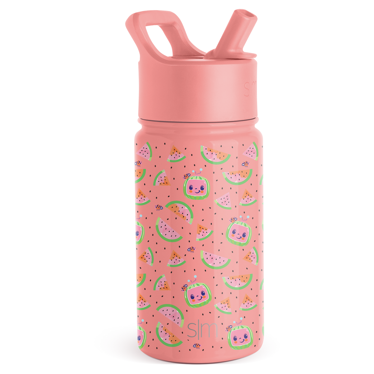 Soft coral pink water bottle with lid and handle assembly, lower portion decorated with pattern design