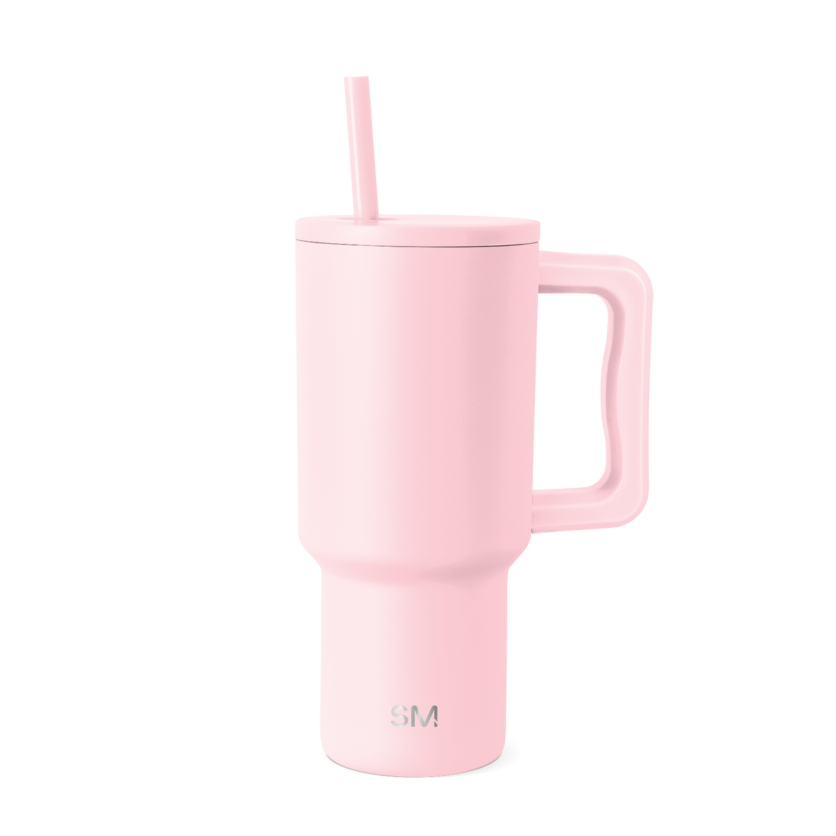 Pale pink insulated tumbler with handle on white background