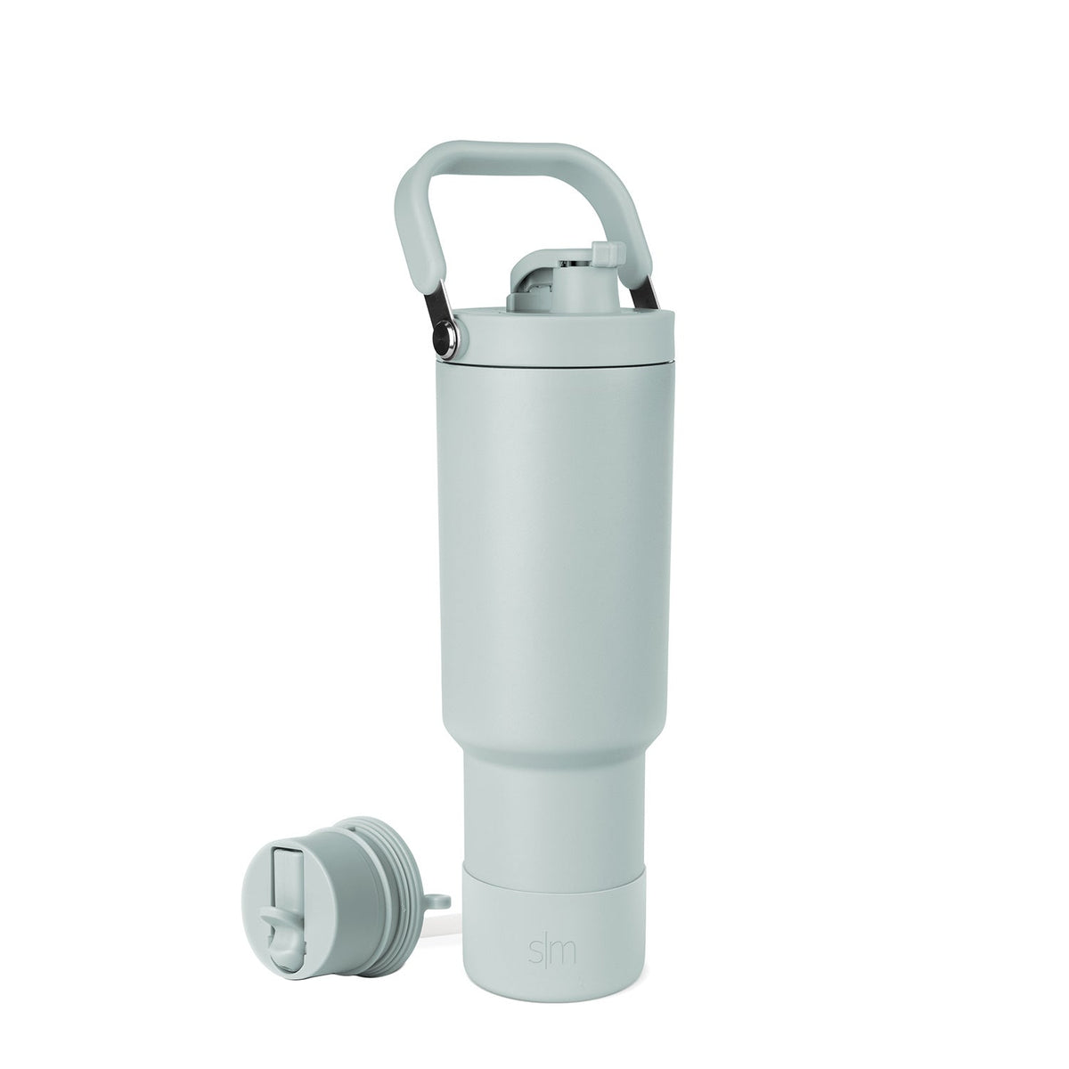 Soft sage green water bottle with black accents and carrying handle