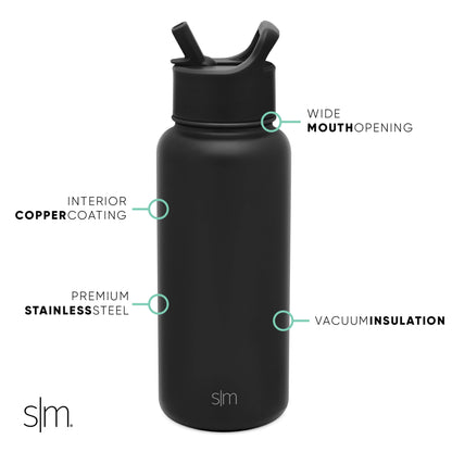 Matte black water bottle with turquoise accent details on white background