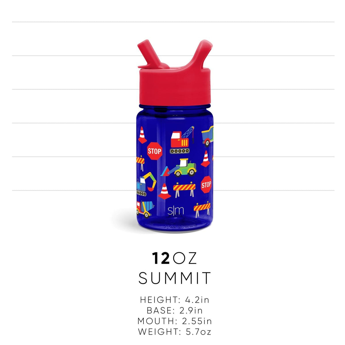 Cobalt blue water bottle with bright red dual-spout cap and colorful accent label design