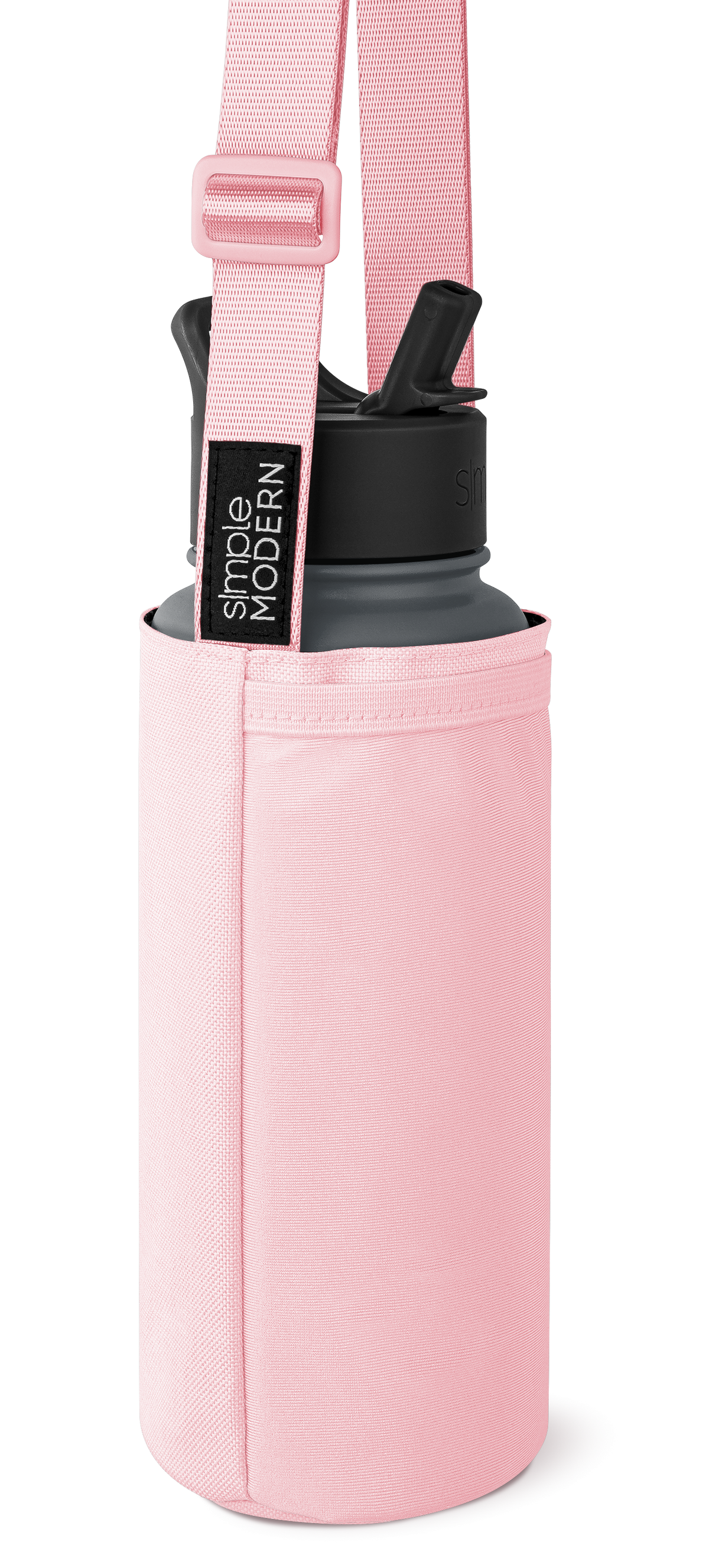 Soft pink cylindrical carrying case with charcoal gray and black accents, featuring a matching shoulder strap with webbing texture.
