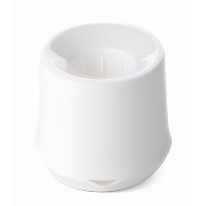 White cylindrical bottle brush stand with curved sides and internal divider slots, shown against a neutral white background.