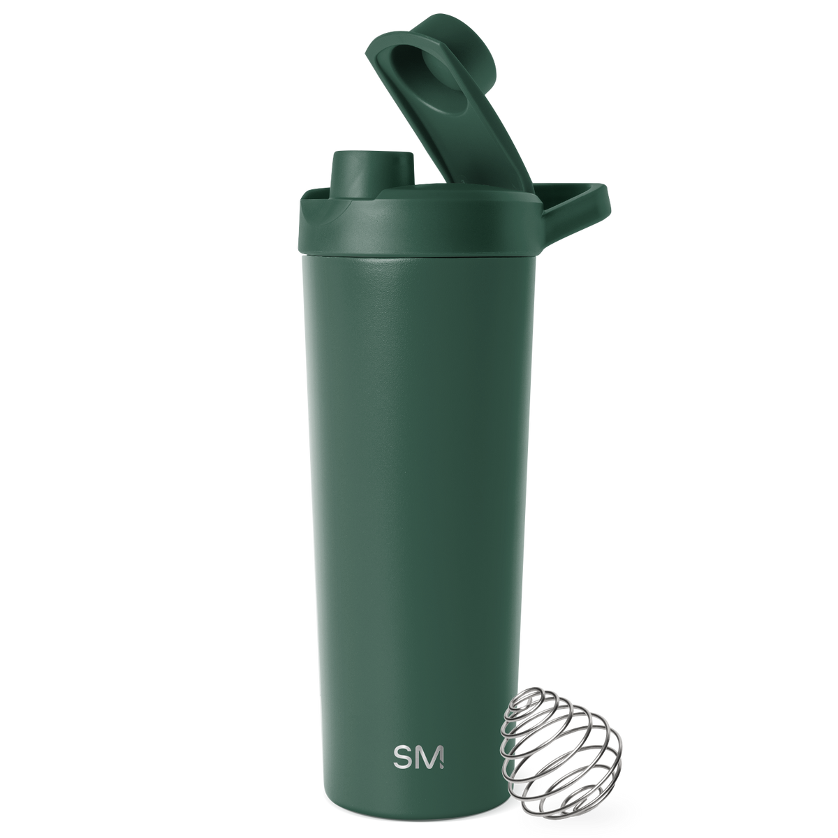 Forest green water bottle with silver-gray metallic mixer attachment