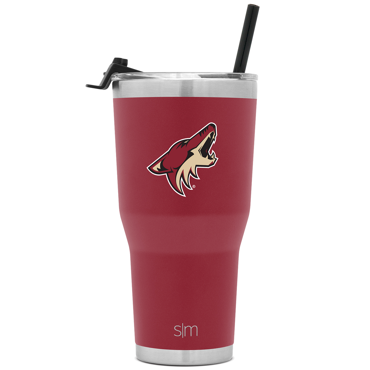 Deep burgundy insulated tumbler with silver stainless steel rim and base, photographed against white background