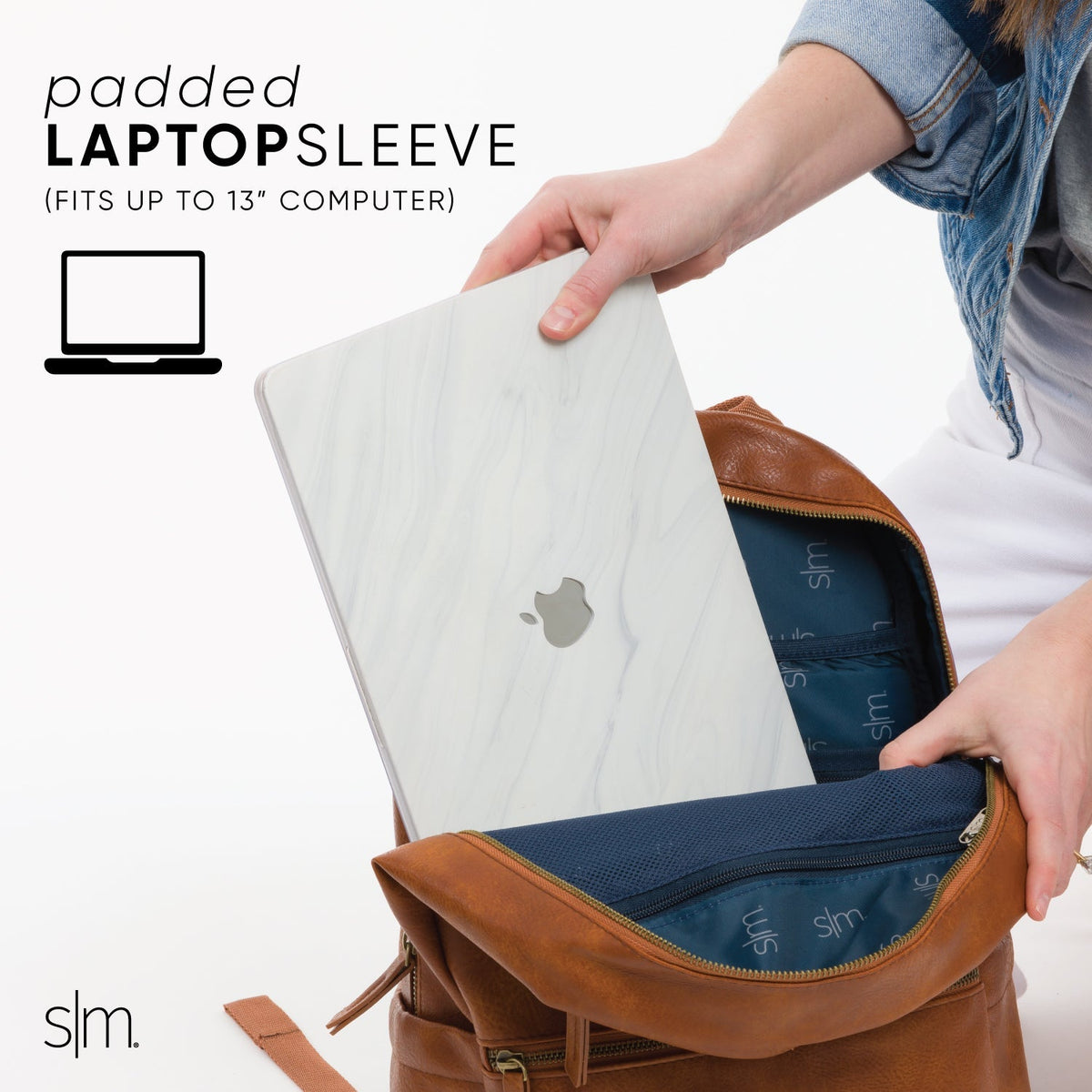 Brown leather laptop sleeve with navy blue and cream accents, front view