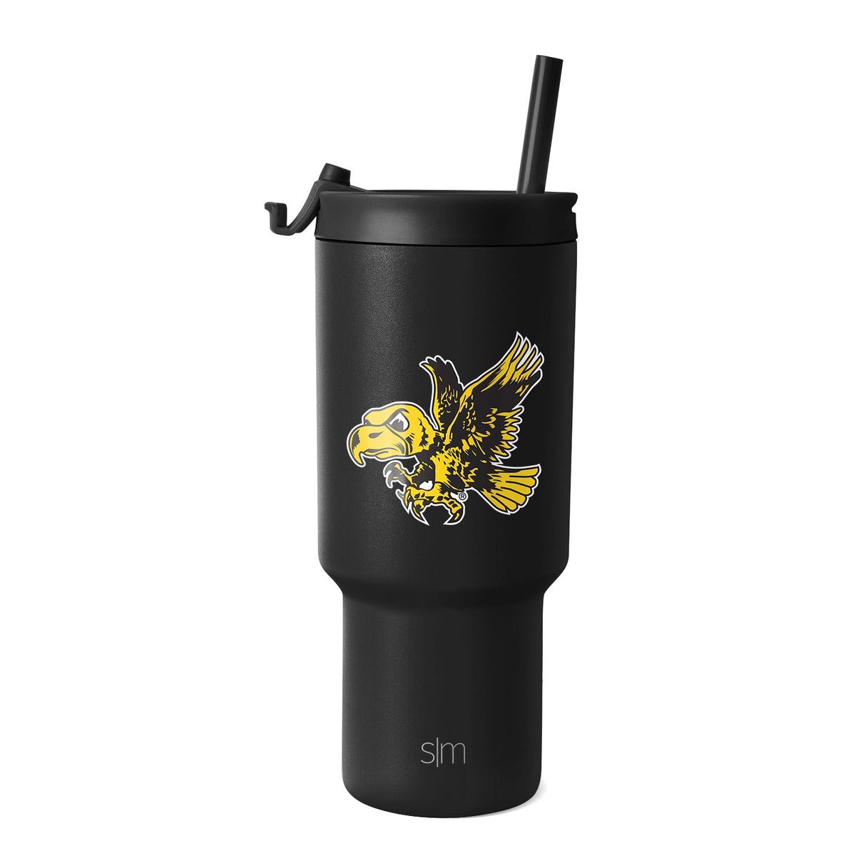 Matte black tumbler with bright gold and yellow eagle graphic outlined in white, featuring Iowa design elements