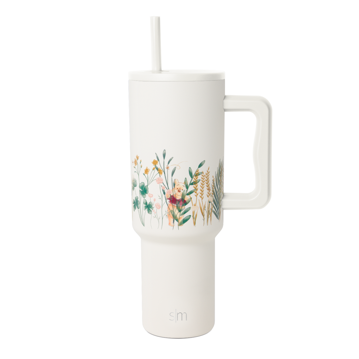 Cream-colored tumbler with botanical leaf design wrapping around the upper portion, modern minimalist style.