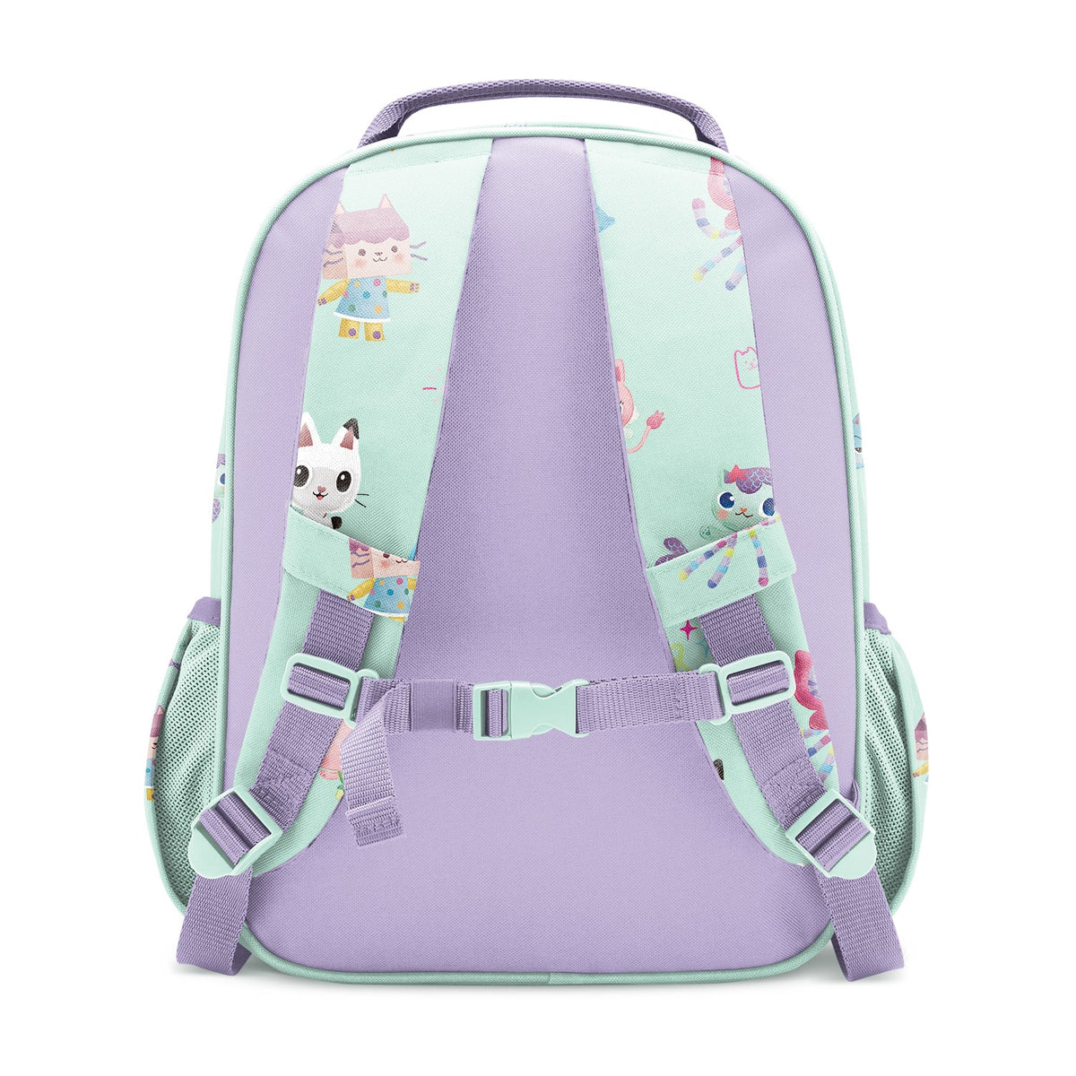 Mint green children's backpack with lavender back panel, viewed from rear. Features cute cat character designs, decorative kites and yarn balls. Padded lavender shoulder straps with white buckles and chest strap. Mesh side