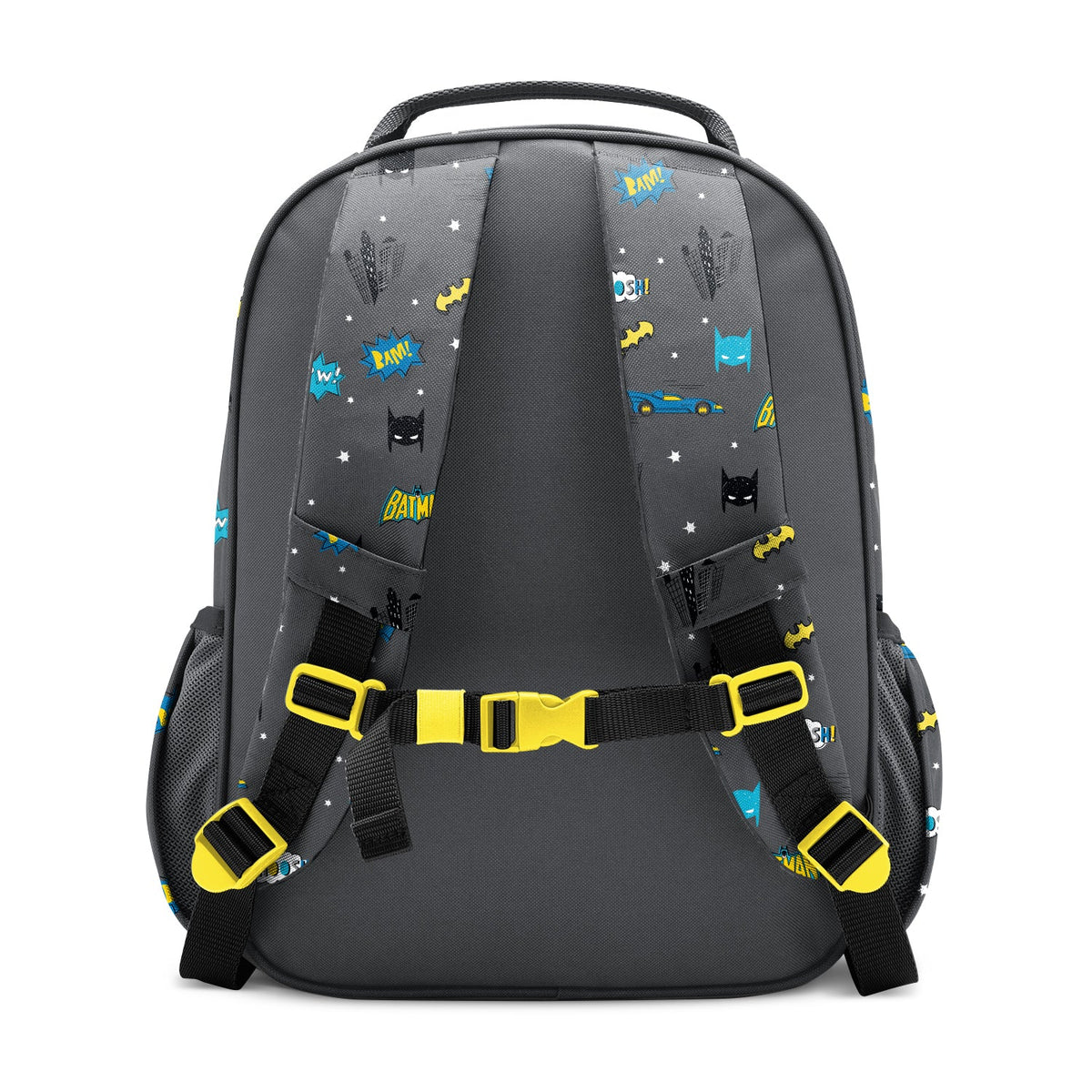 Charcoal gray children's backpack with yellow and blue Batman-themed graphics including "POW," "BAM," and "BATIM" text, black mesh pockets, padded yellow-buckled straps, and chest buckle, shown against white background.
