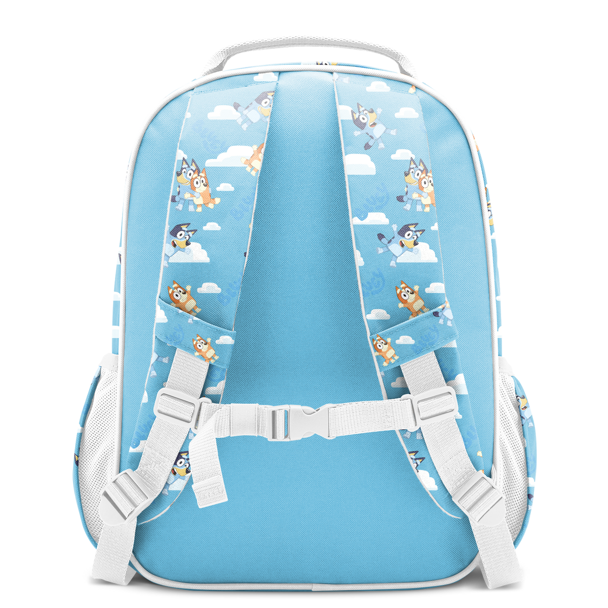 Sky blue backpack with white straps, buckles, and cloud pattern design