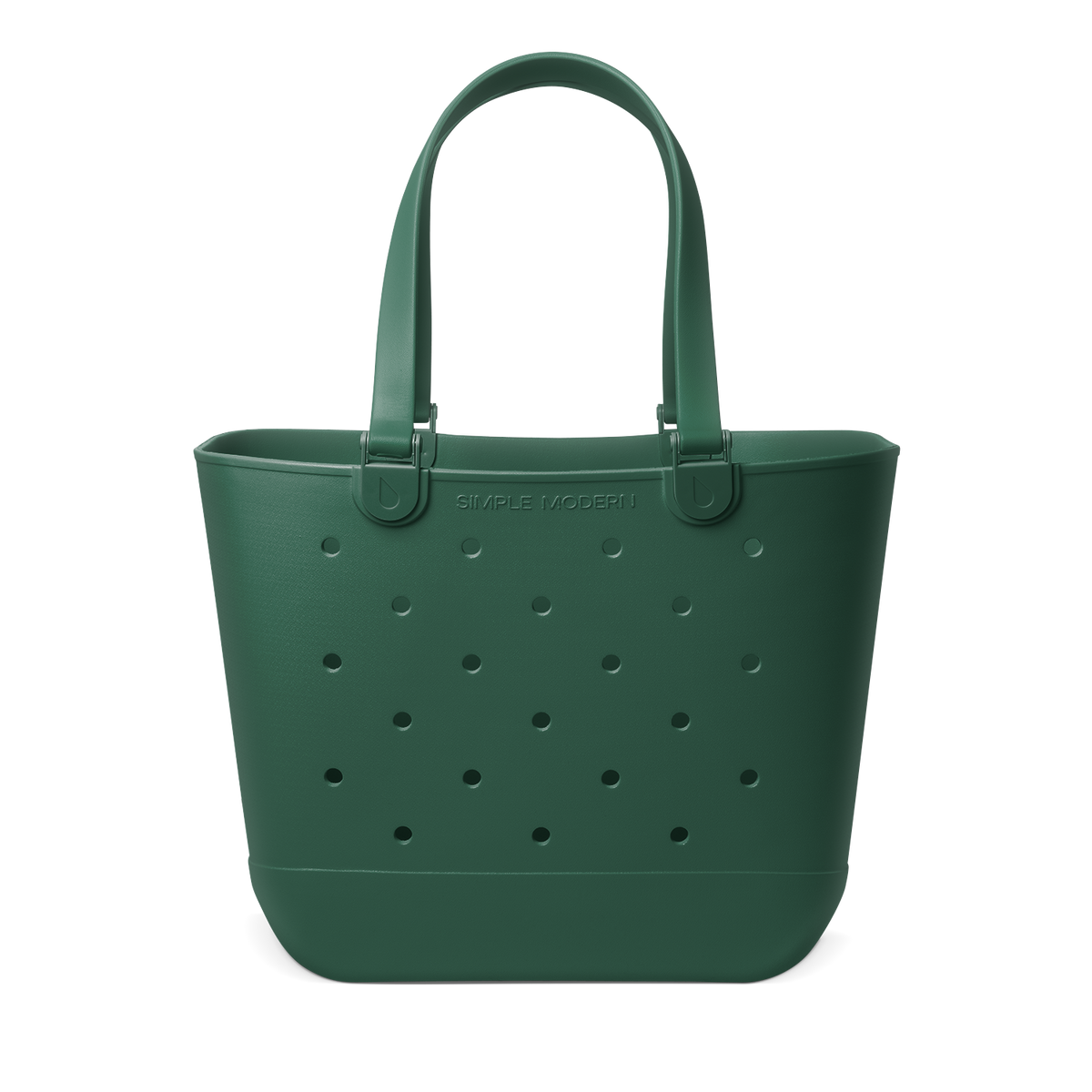 Forest green canvas tote bag displayed against white background, front view showing structured silhouette with handles