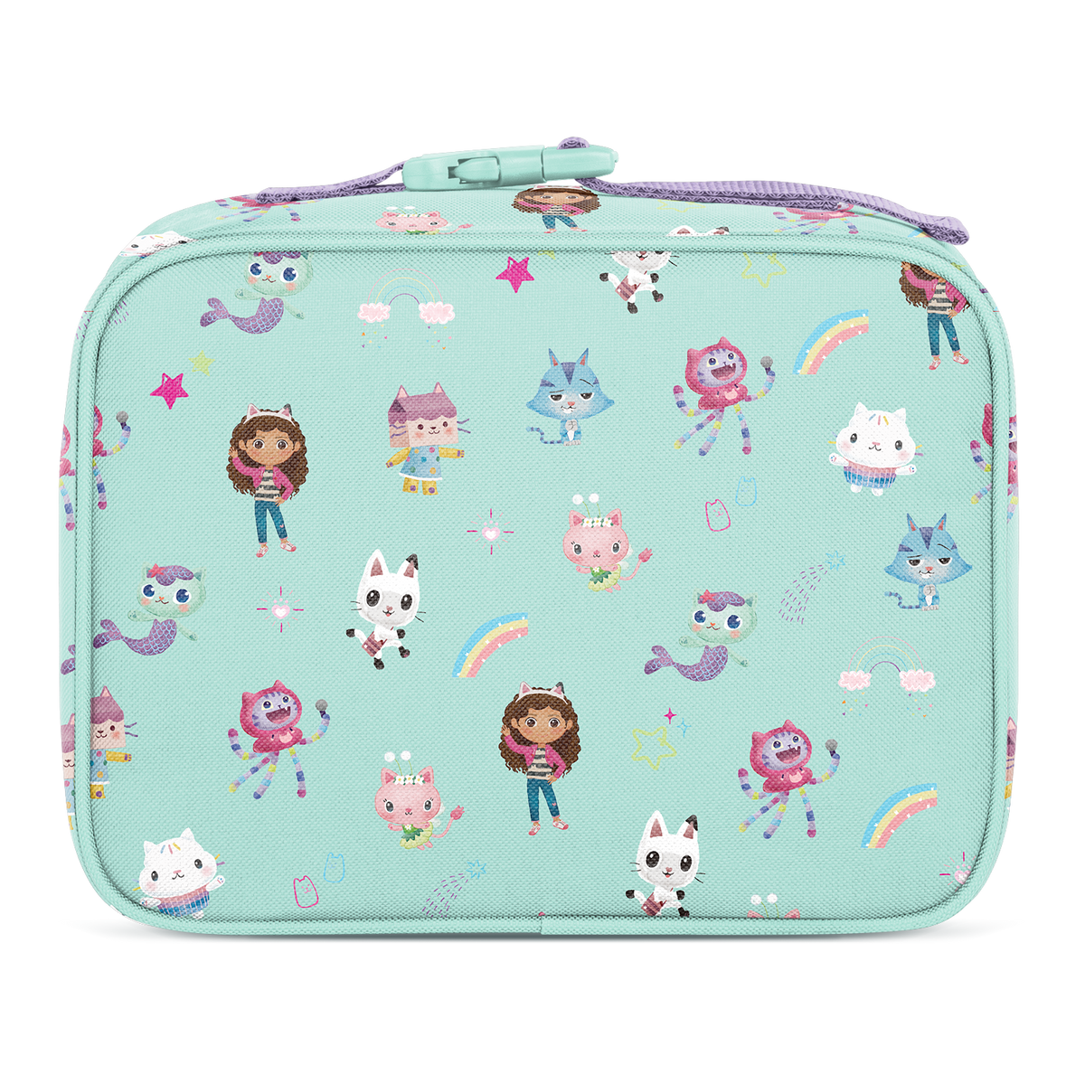Soft mint green lunch bag with hot pink, purple, and blue color blocking design, modern minimalist style