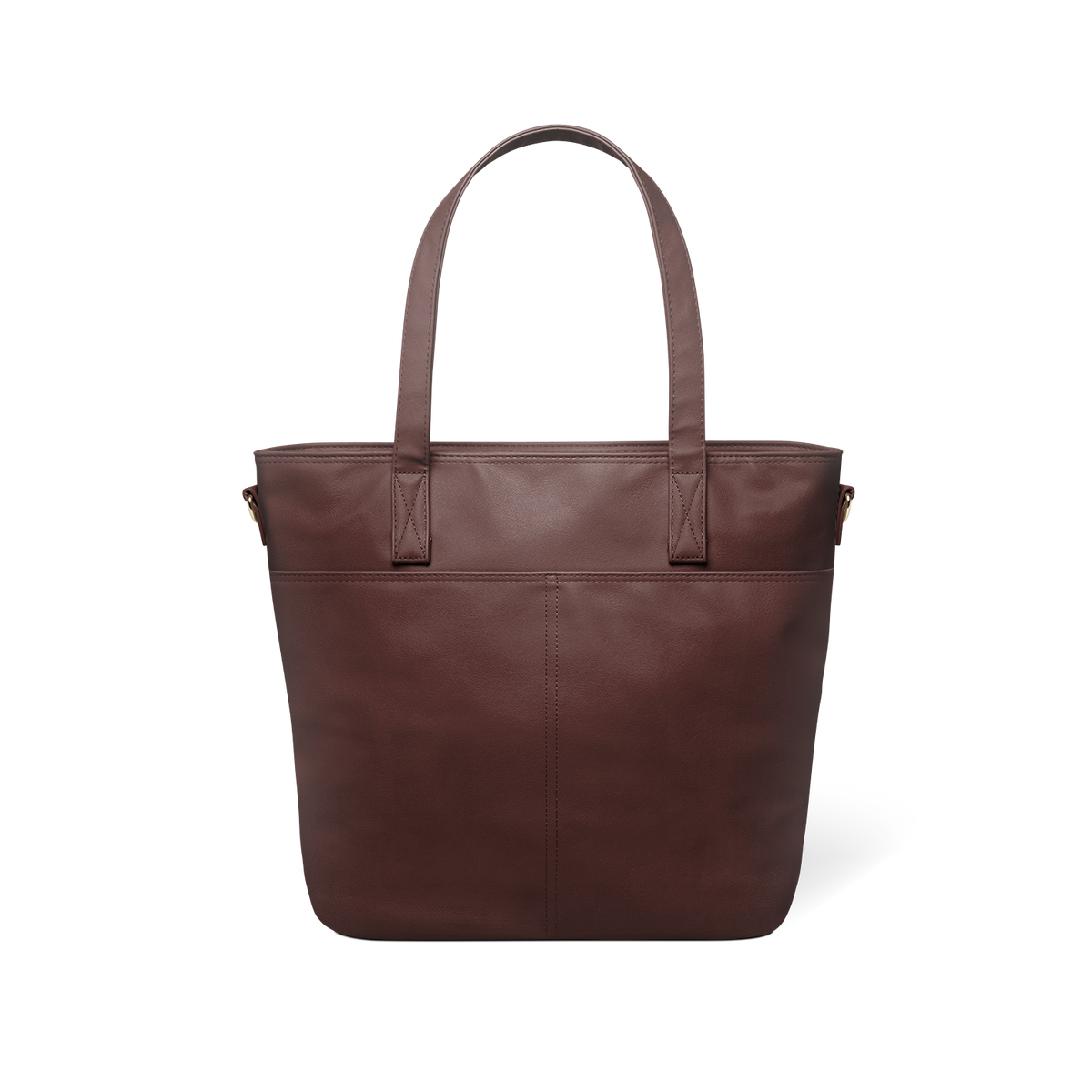 Mahogany brown leather tote bag back view, featuring structured silhouette with handles against white background