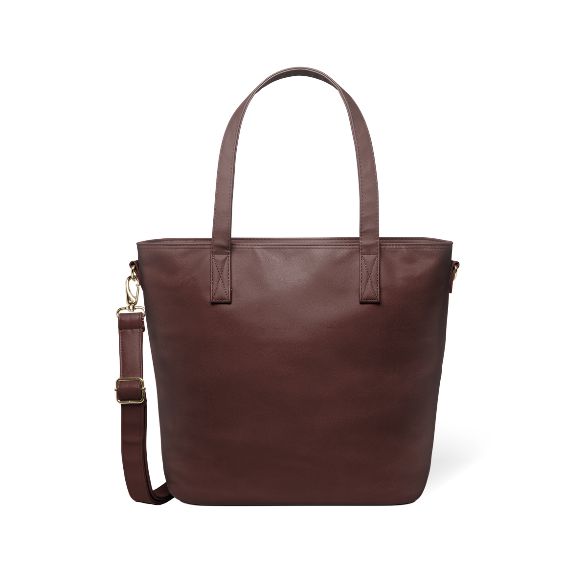 Mahogany brown leather handbag with gold-tone hardware and clasp, shown against a neutral background