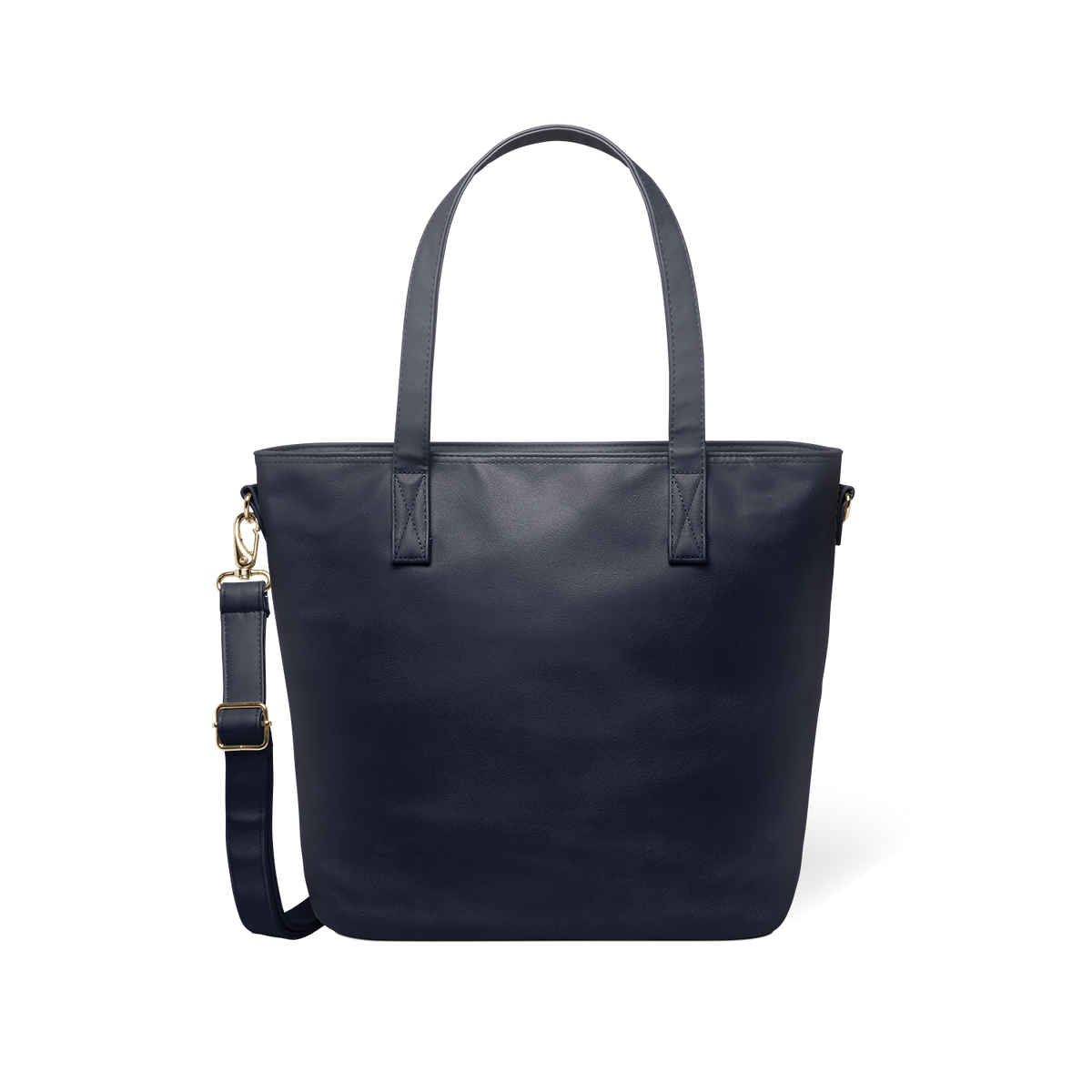 Deep navy modern tote bag with brass-toned metal hardware and handles, displayed flat against a white background