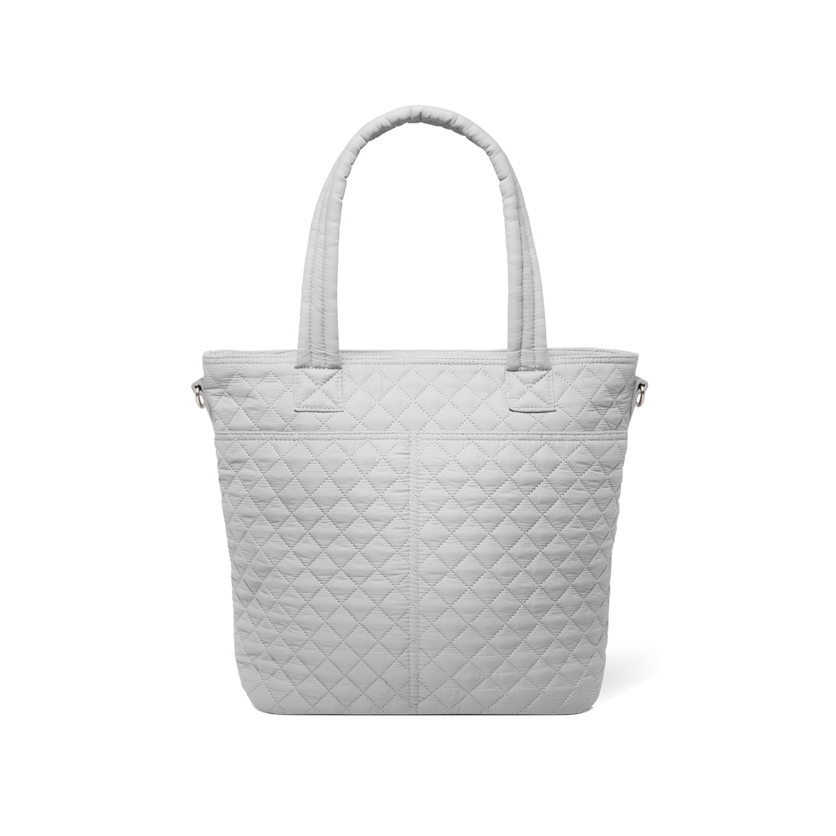 Back view of pale gray quilted tote bag with soft texture against white background, showing quilted pattern and design details from rear perspective.