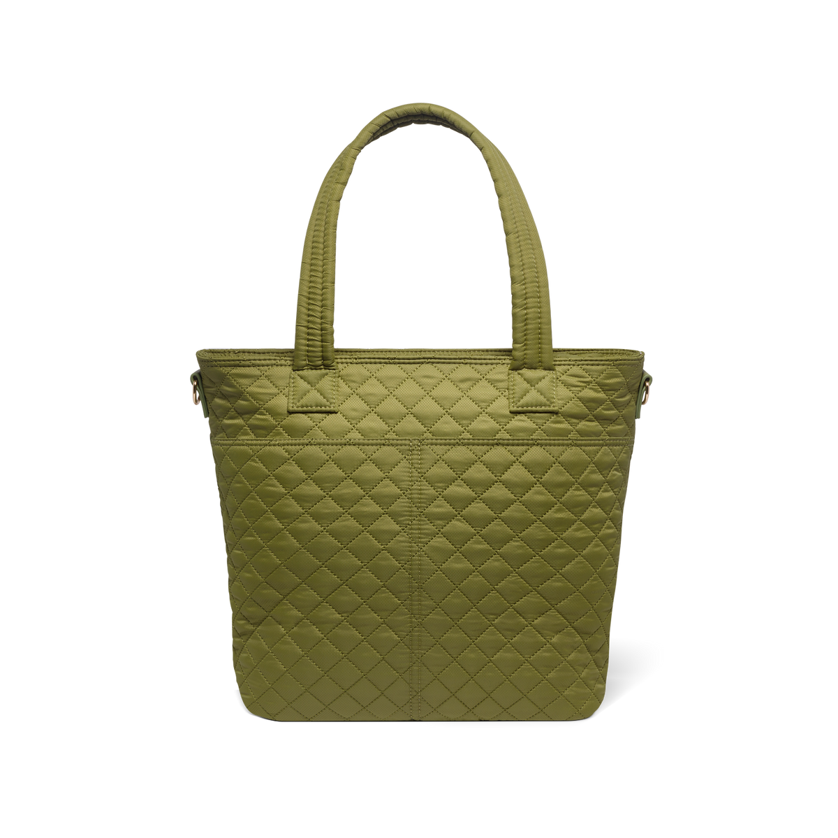 Olive-green canvas bag shown from back view, featuring muted sage tone with warm undertones, visible handles and structural seams