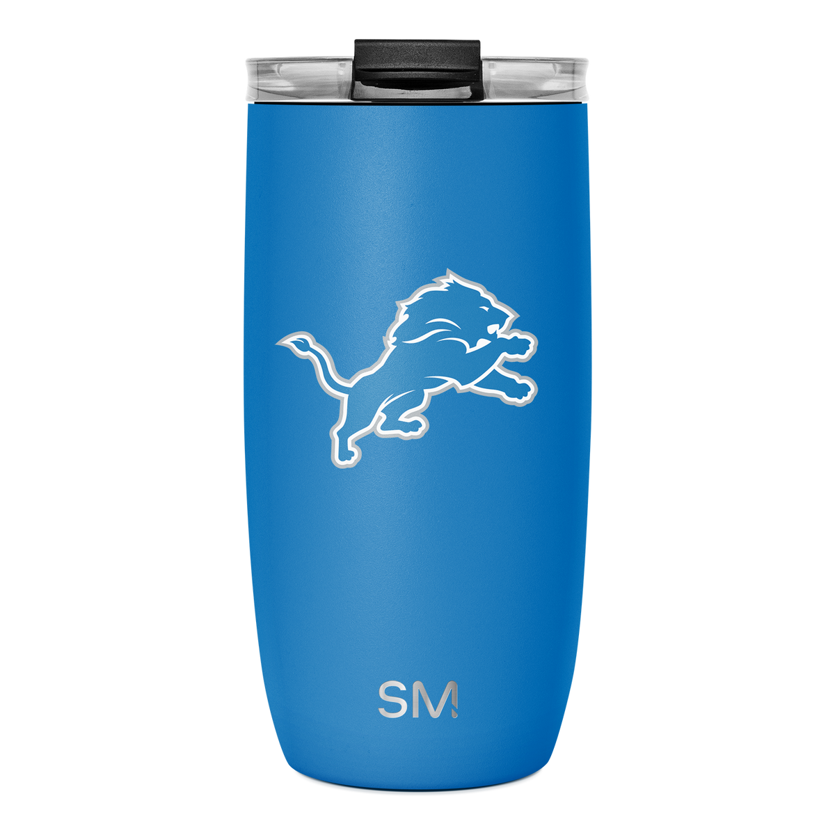 Bright blue tumbler with black lid and rim details, matte finish