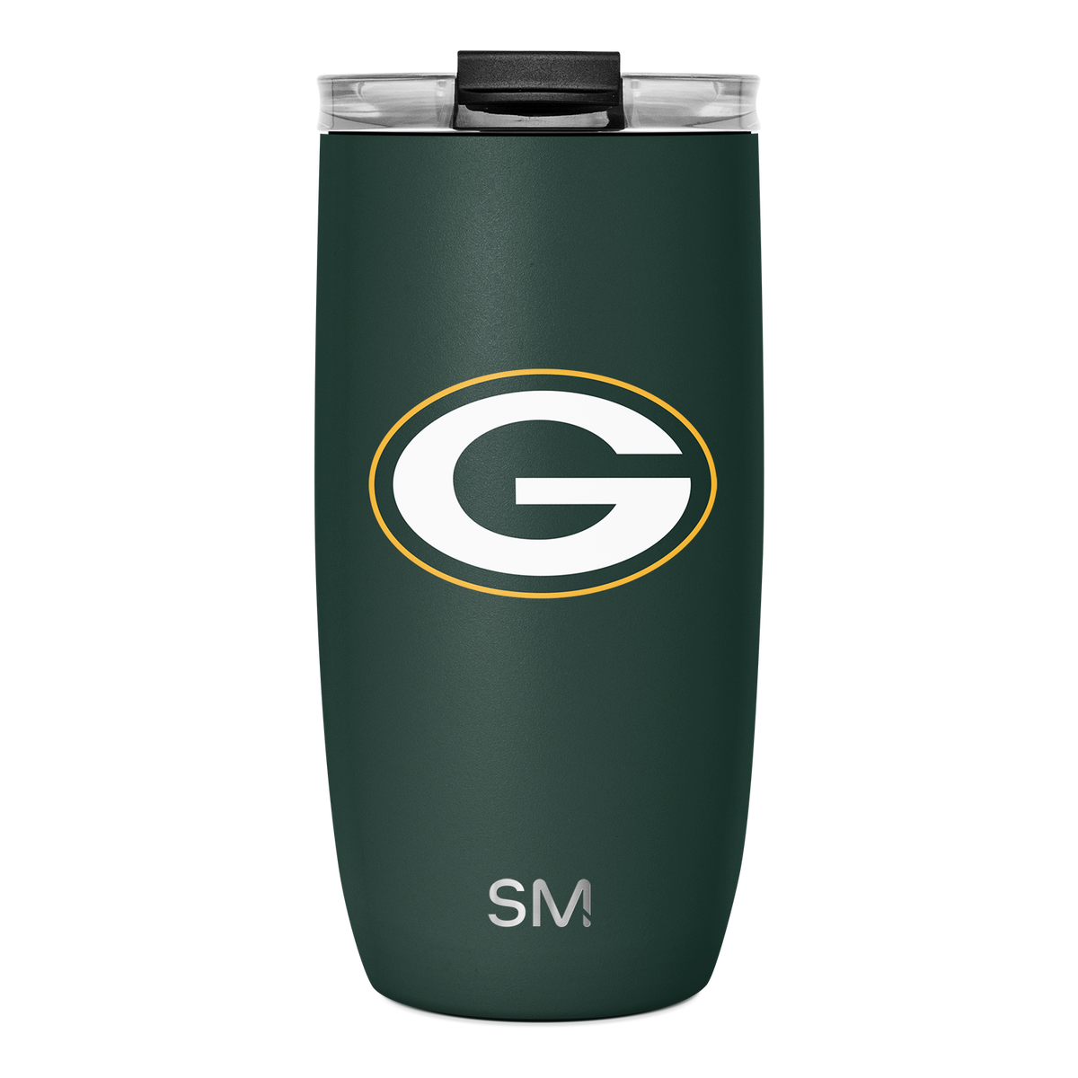 Forest green tumbler with gold trim and white logo, conveying sophistication and team spirit
