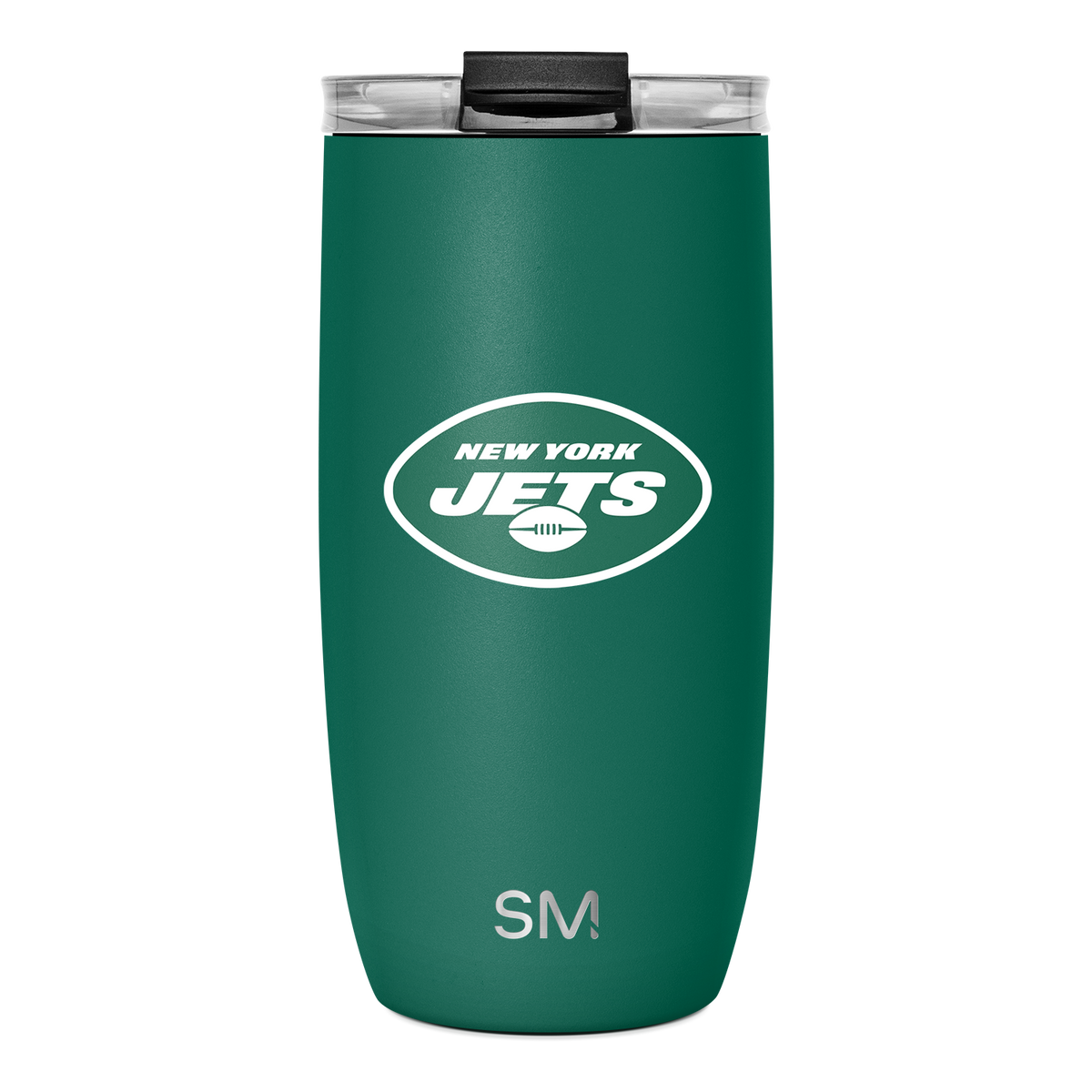 Forest green stainless steel tumbler with solid black lid and clear plastic top, featuring logo details on the lid.