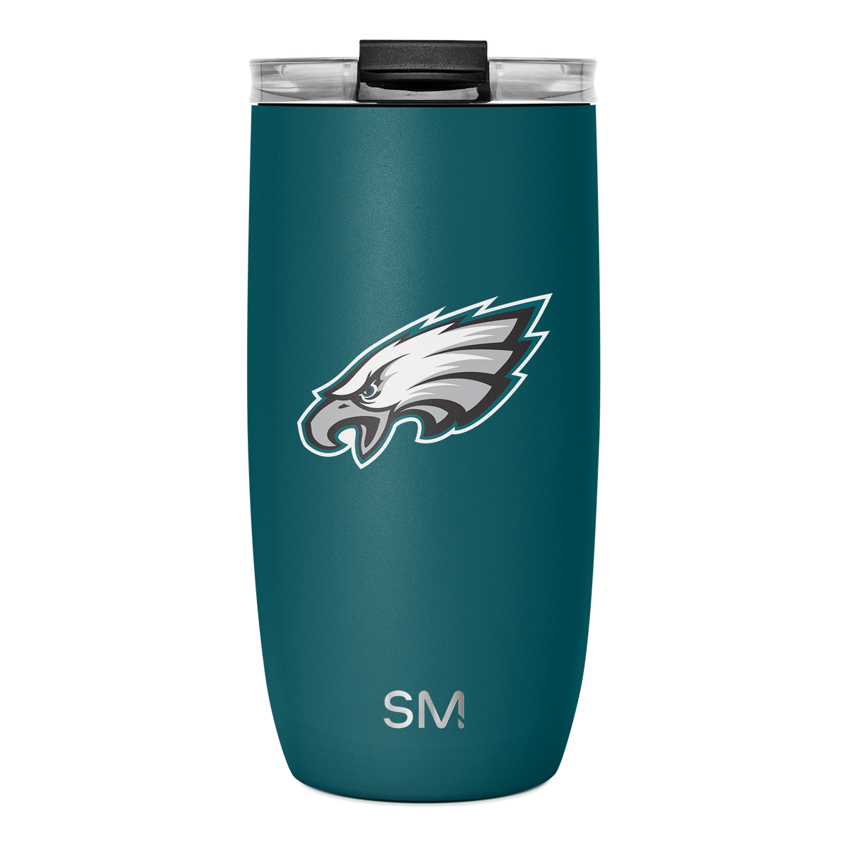 Teal stainless steel tumbler with black matte lid, white and gray logo branding