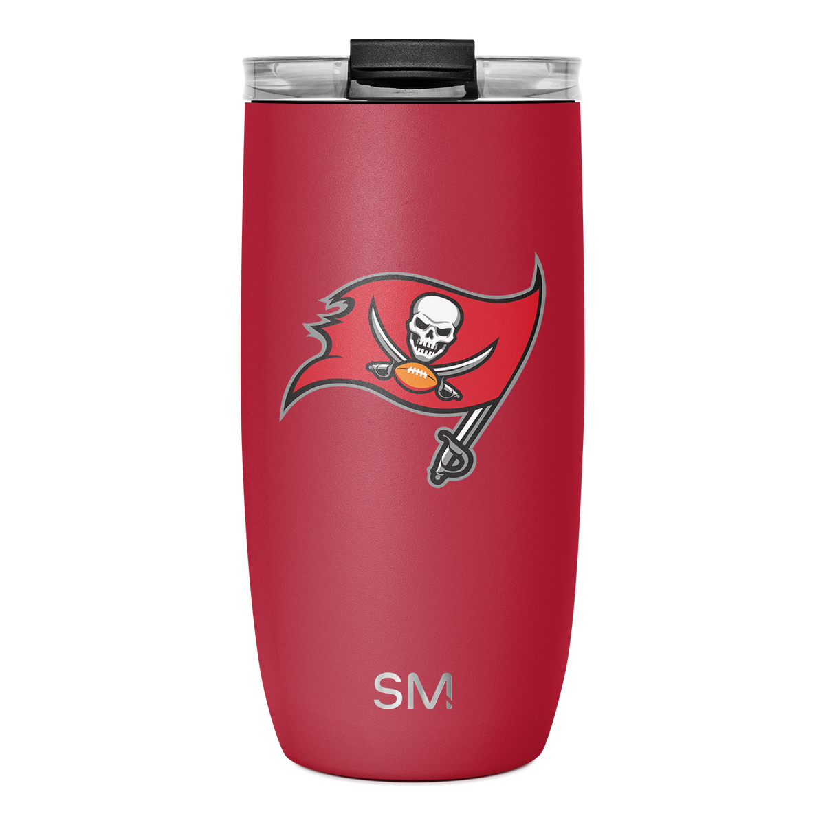 Cardinal red insulated tumbler with white and dark gray accents, black lid, and orange details