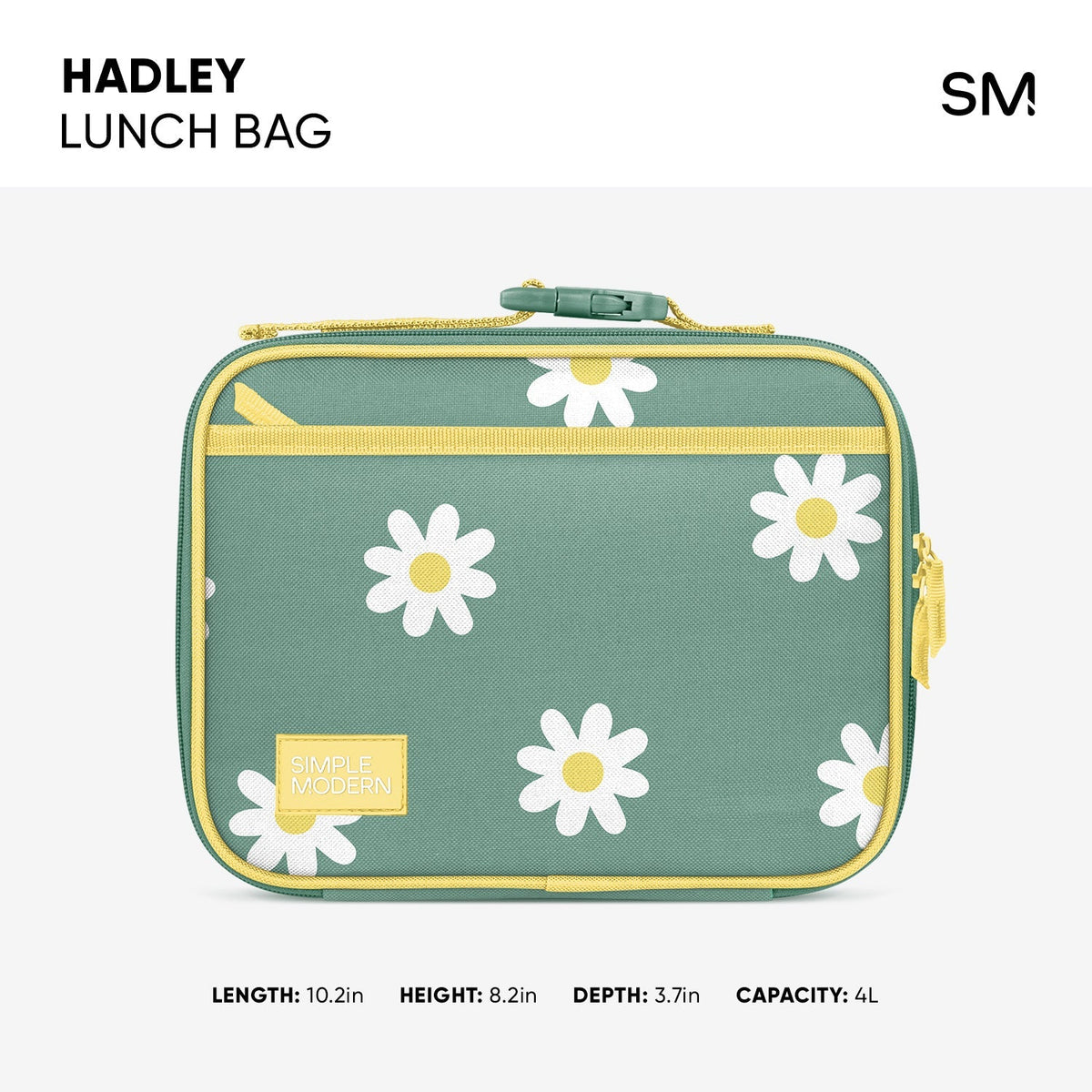 Hadley Lunch Bag in sage green with white daisy flowers and yellow accents, featuring a hinged top, carrying handle, and measuring 10.2in x 8.2in x 3.7in with 4L capacity.