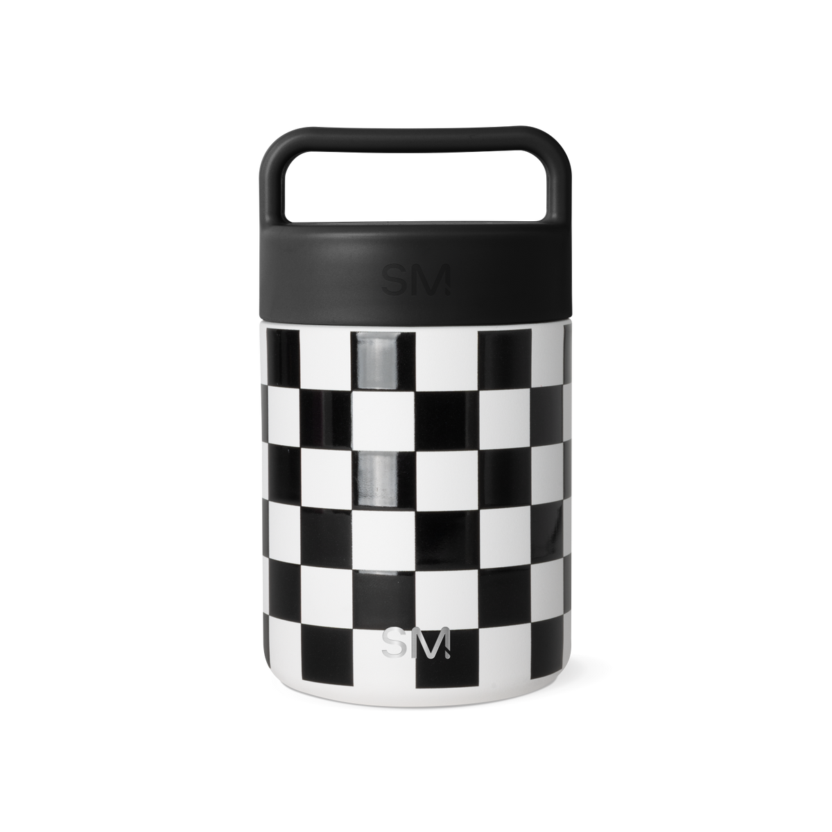 Black and white checkered glass jar with matte black lid and handle