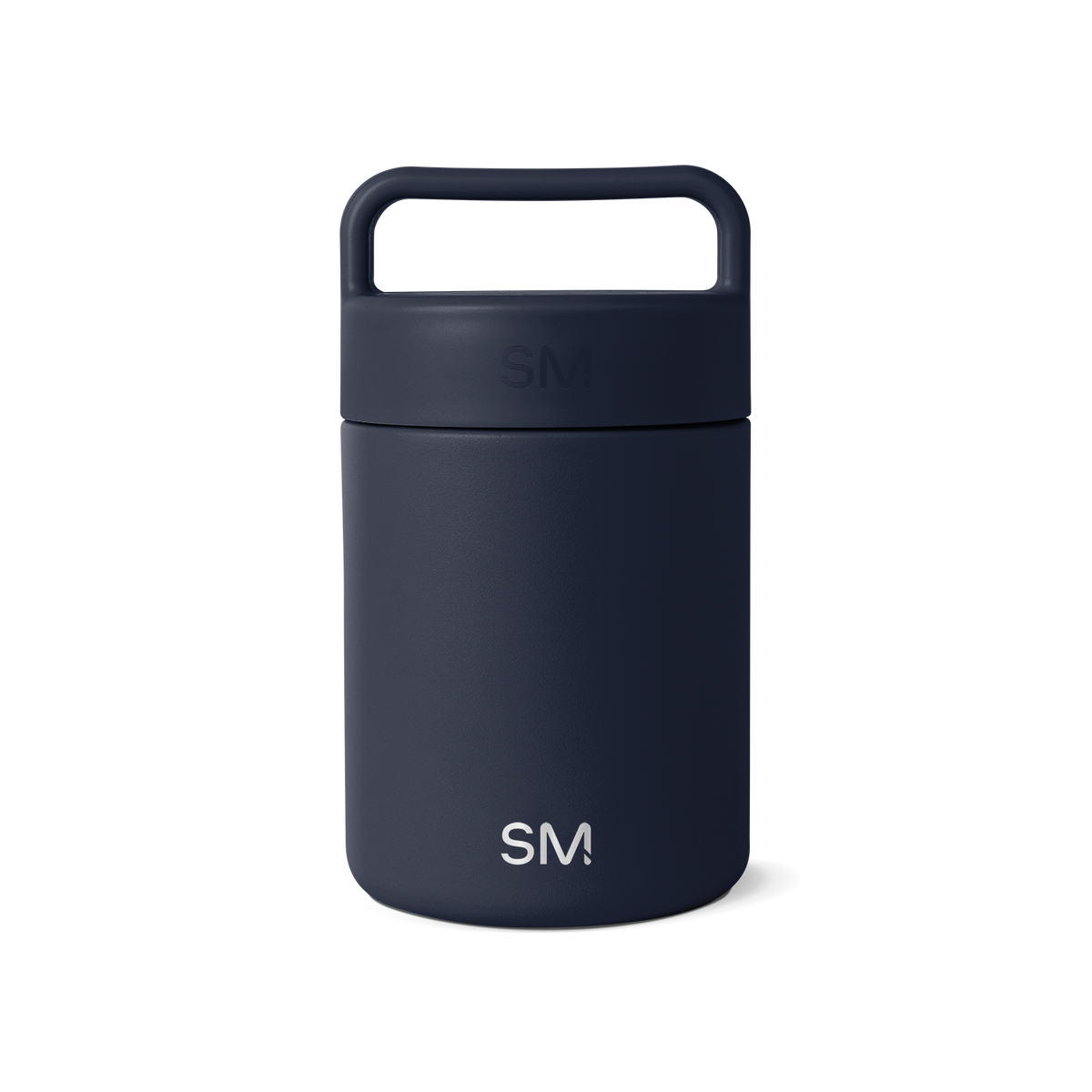 Navy blue glass jar with dark cap and handle on white background