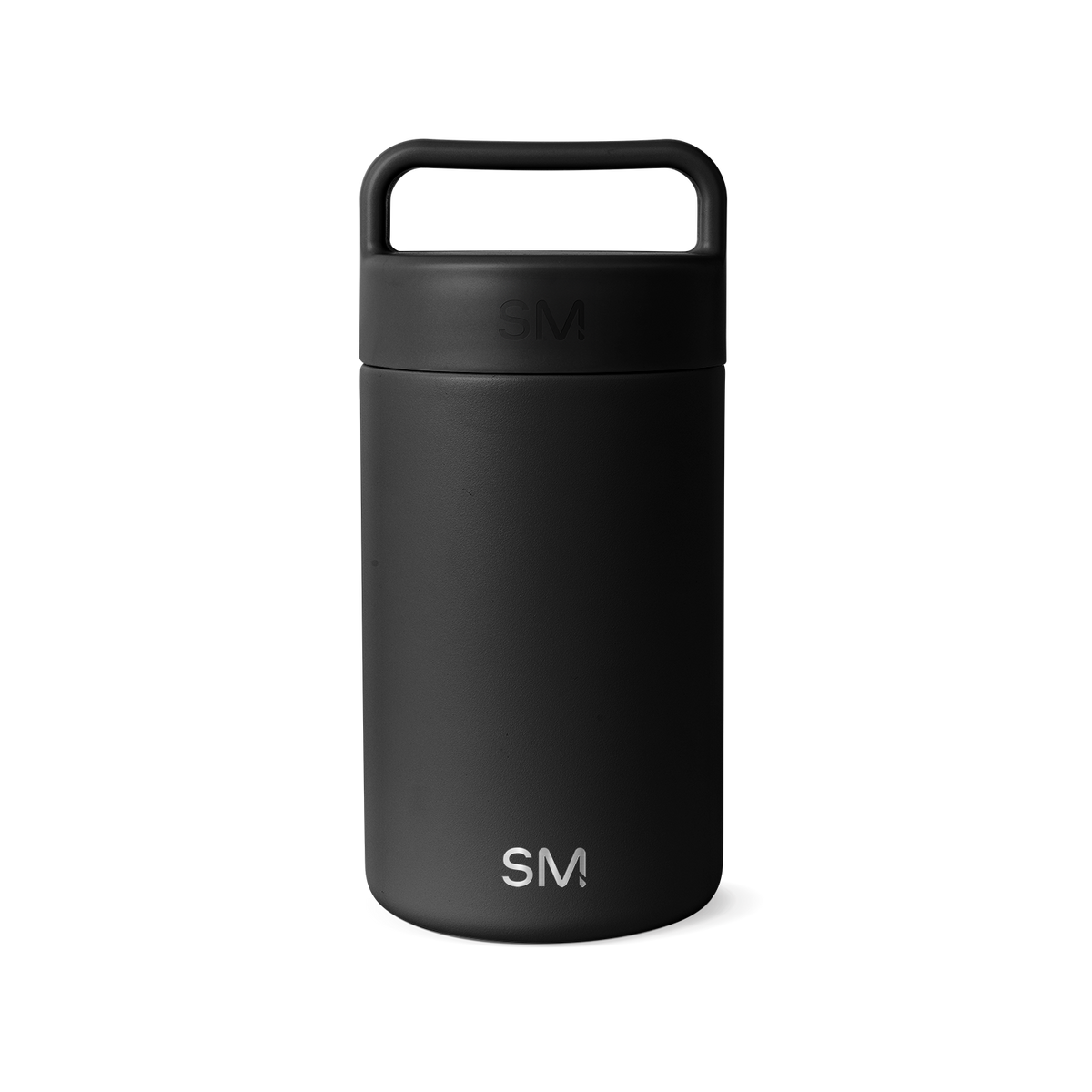 Matte black insulated drinkware vessel with lid and handle on white background
