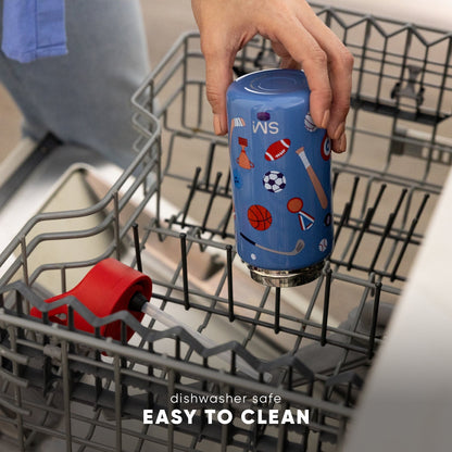 Blue sports-themed insulated tumbler with basketball and soccer ball graphics held above open dishwasher basket, demonstrating dishwasher-safe feature with "easy to clean" text at bottom.