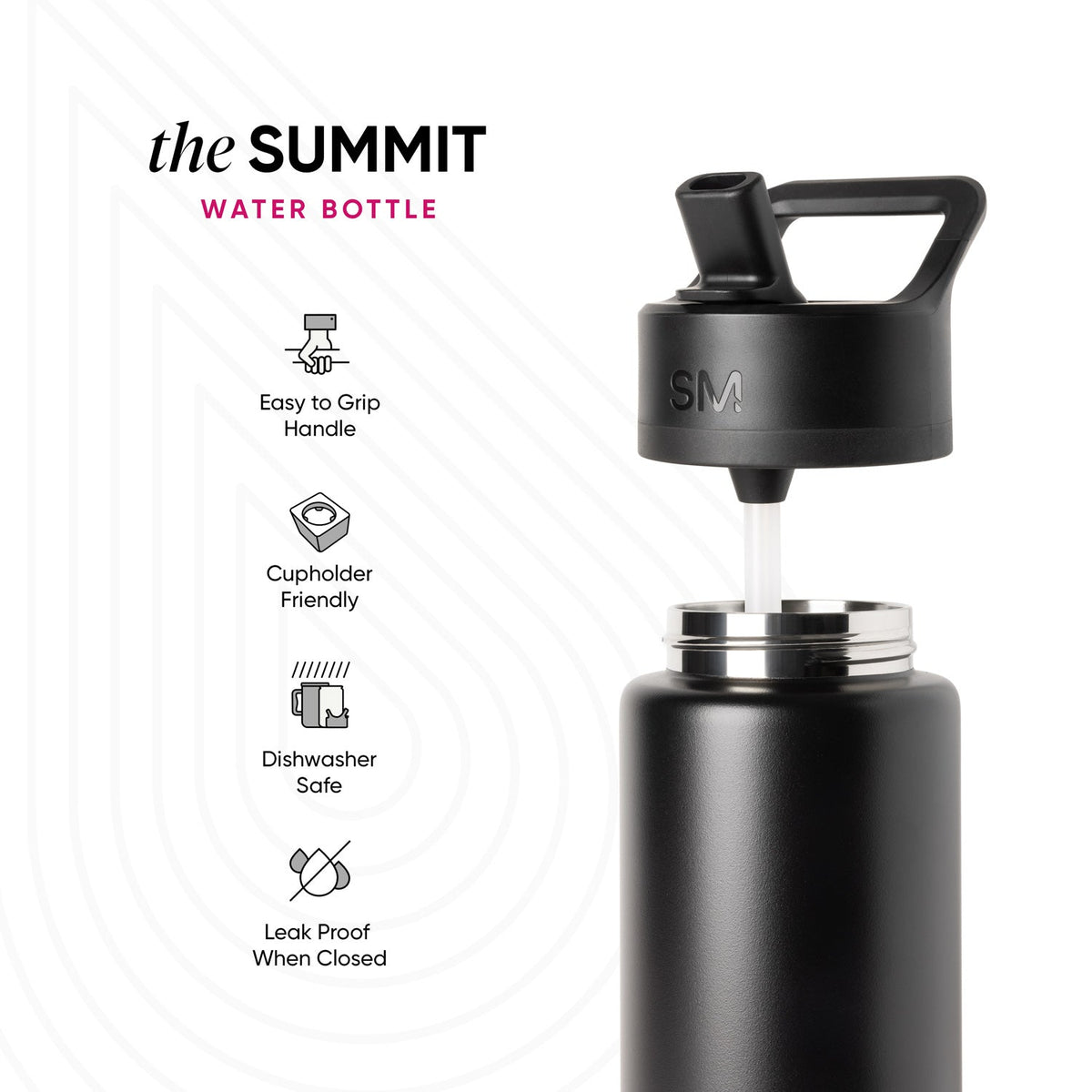 Black Simple Modern Summit water bottle with handle and push-button spout, displayed with four feature icons showing easy-to-grip handle, cupholder friendly, dishwasher safe, and leak-proof design on white background.