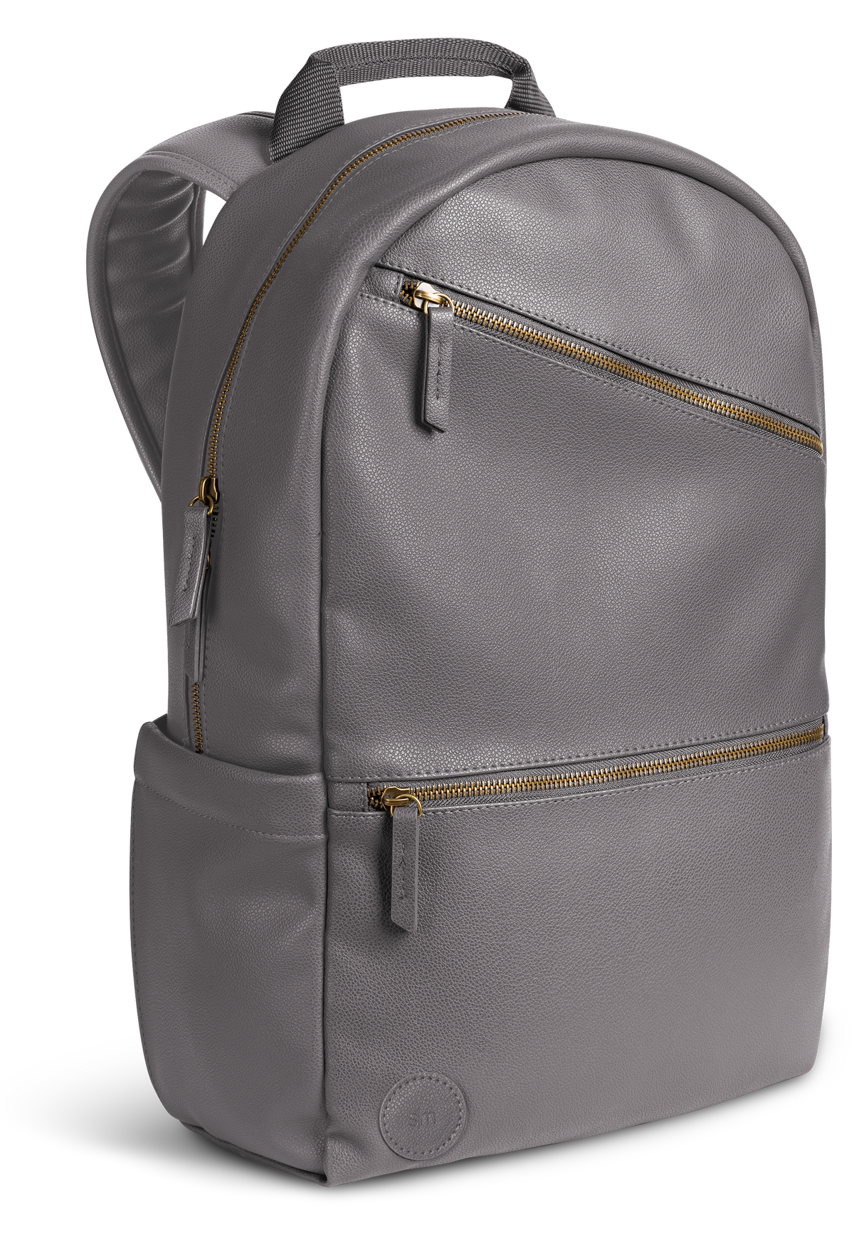 Gray backpack with gold-tone metal hardware and zippers, shown from the front view.