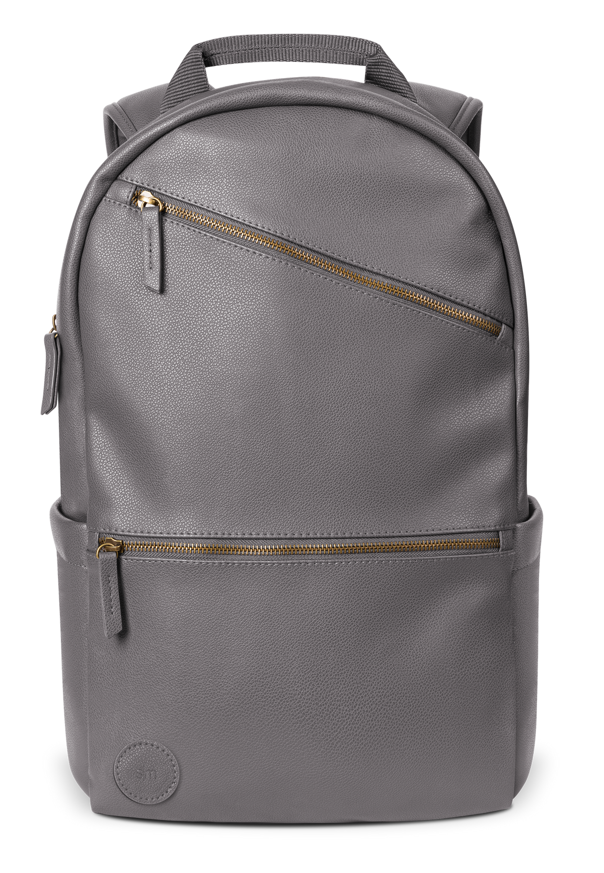 Gray canvas backpack with gold-toned metal hardware and zippers