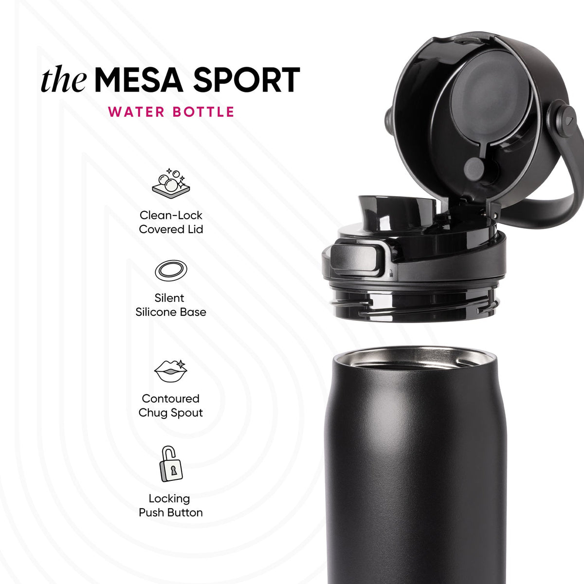Black water bottle with gray metallic accents and black lid on white background