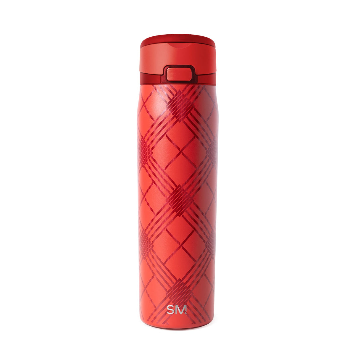 Coral-red travel tumbler with darker red accents on white background, minimalist studio photography style