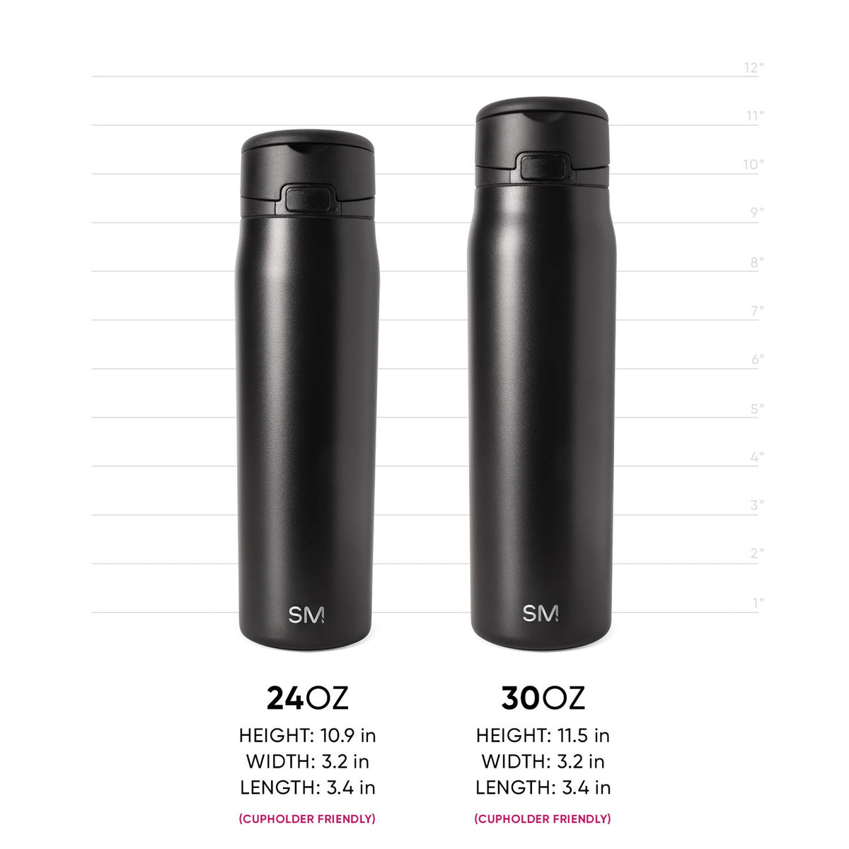 Two black Simple Modern insulated water bottles side by side with measurement scale. Left: 24oz bottle (10.9"H × 3.2"W × 3.4"L). Right: 30oz bottle (11.5"H × 3.2"W × 3.4"L). Both cupholder friendly with dome lids.