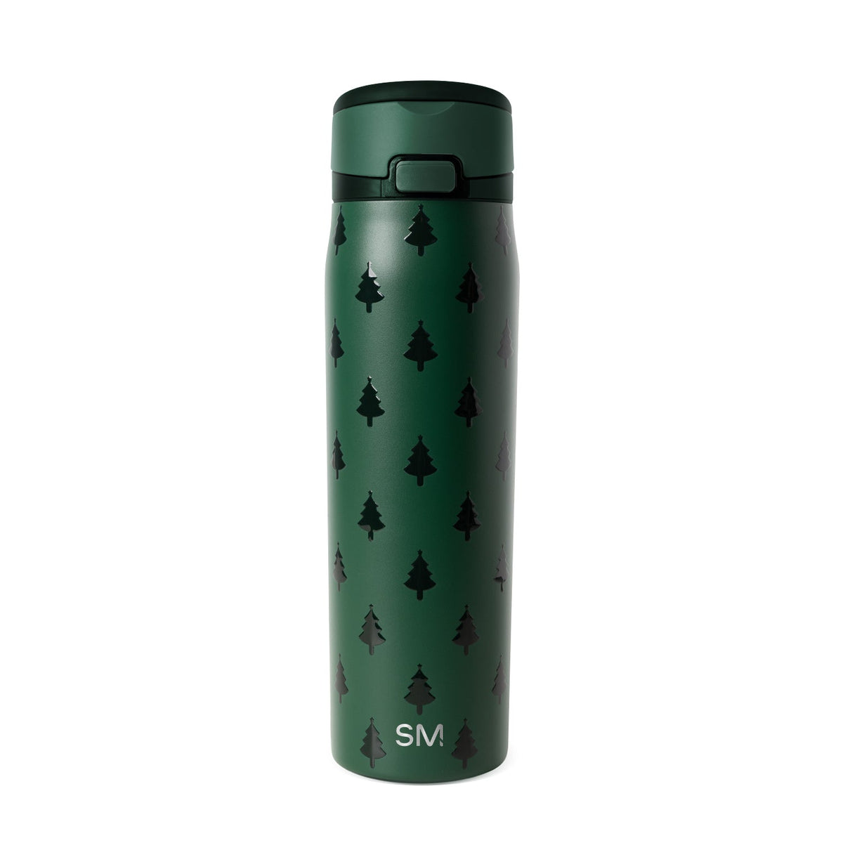 Forest green water bottle with black tree design and lid, displayed against neutral background