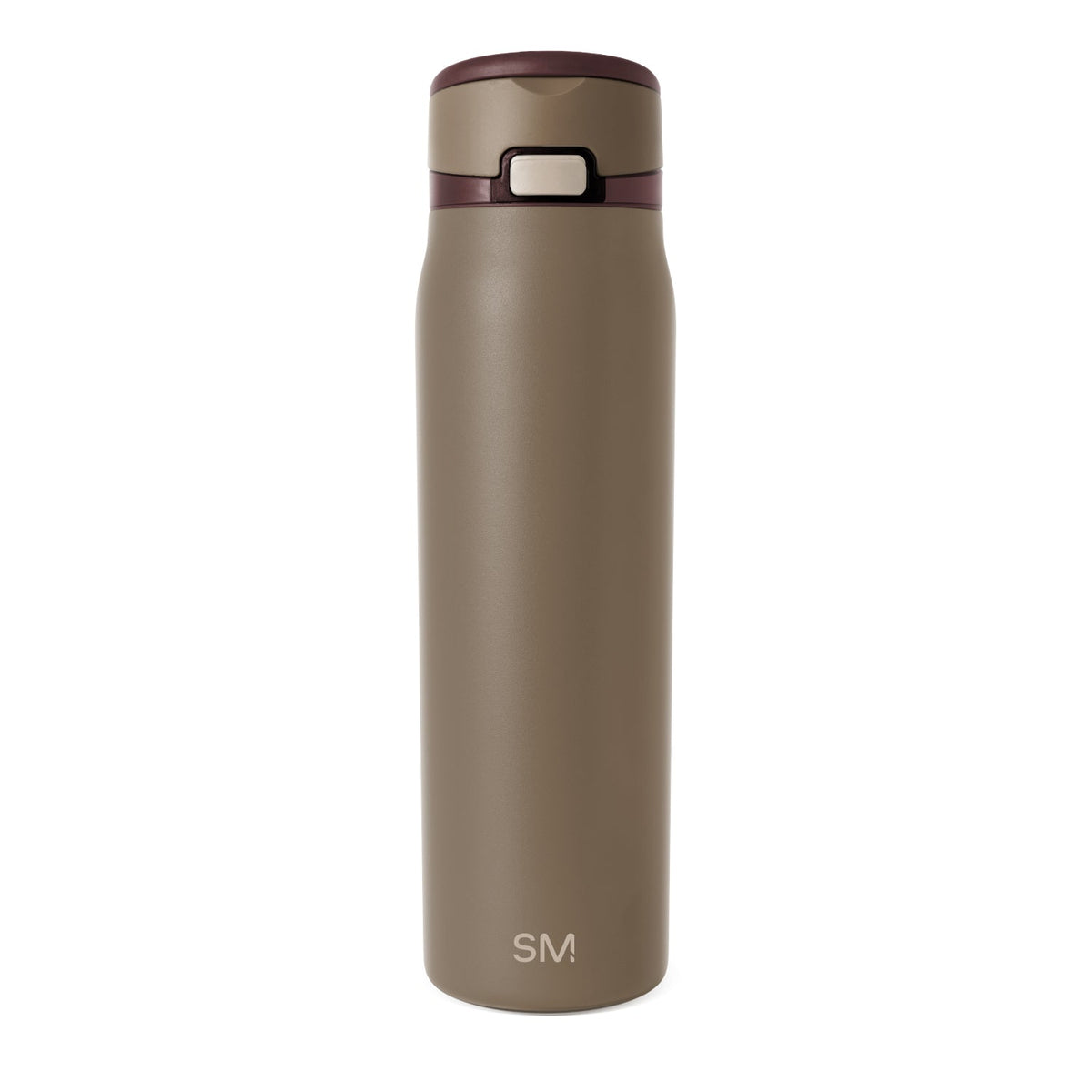 Tall stainless steel water bottle with matte taupe finish and smooth tapered cylindrical shape, centered on white background, featuring a cap at the top.