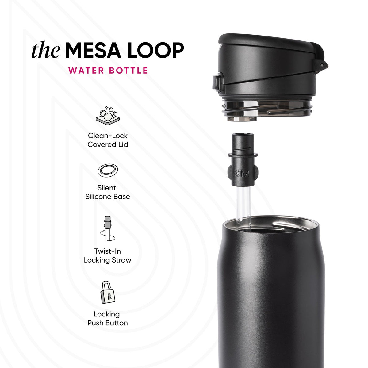 Mesa Loop water bottle in matte black with silver accents, shown at angle with removable lid. Left side displays four feature icons: Clean-Lock Covered Lid, Silent Silicone Base, Twist-In Locking Straw, and Locking Push