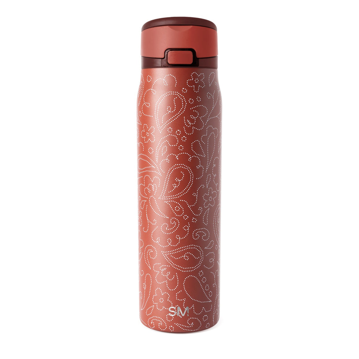 Terracotta rust-red water bottle with burgundy brown lid and lower lip accent featuring a decorative pattern