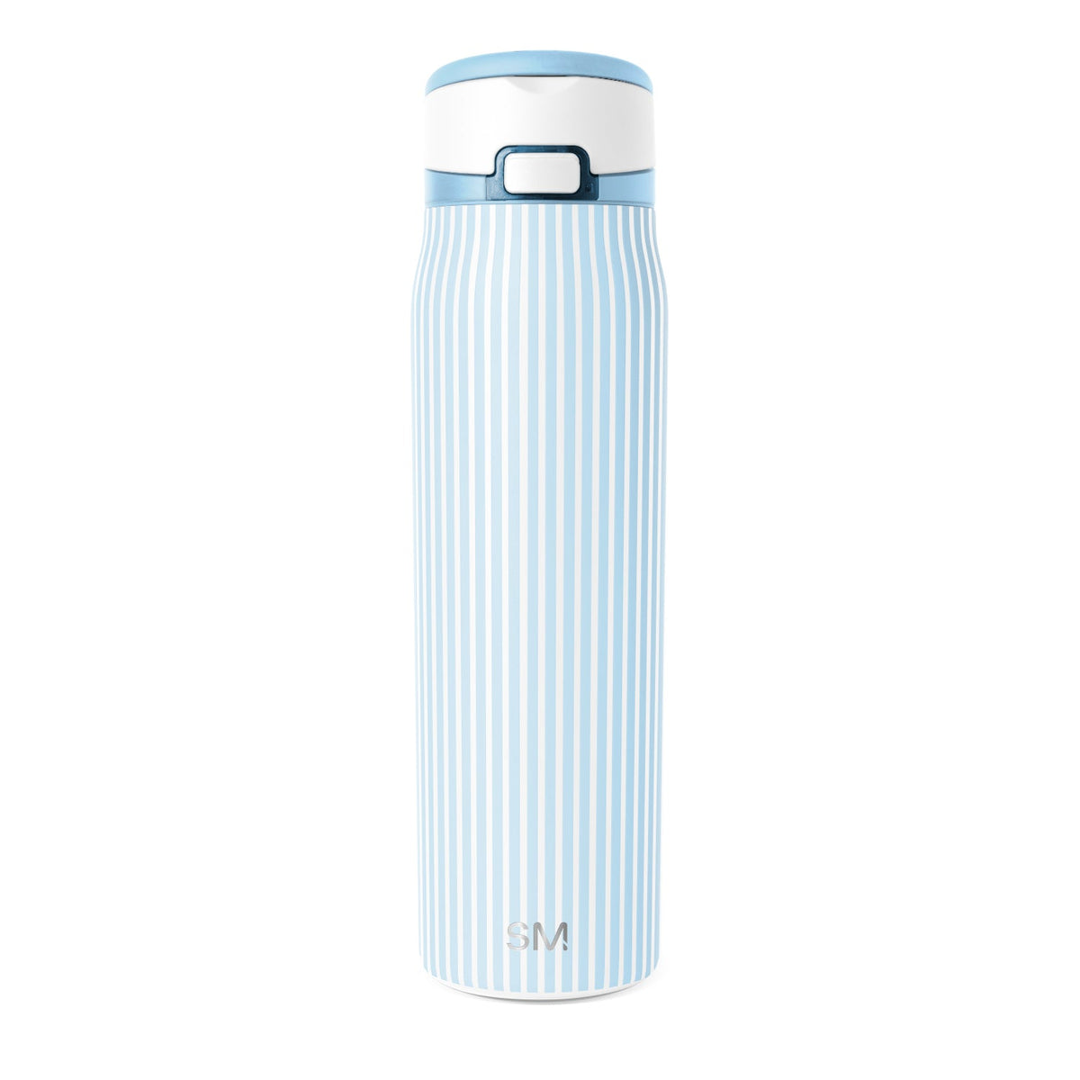 Light blue and white vertically striped Simple Modern insulated water bottle on white background