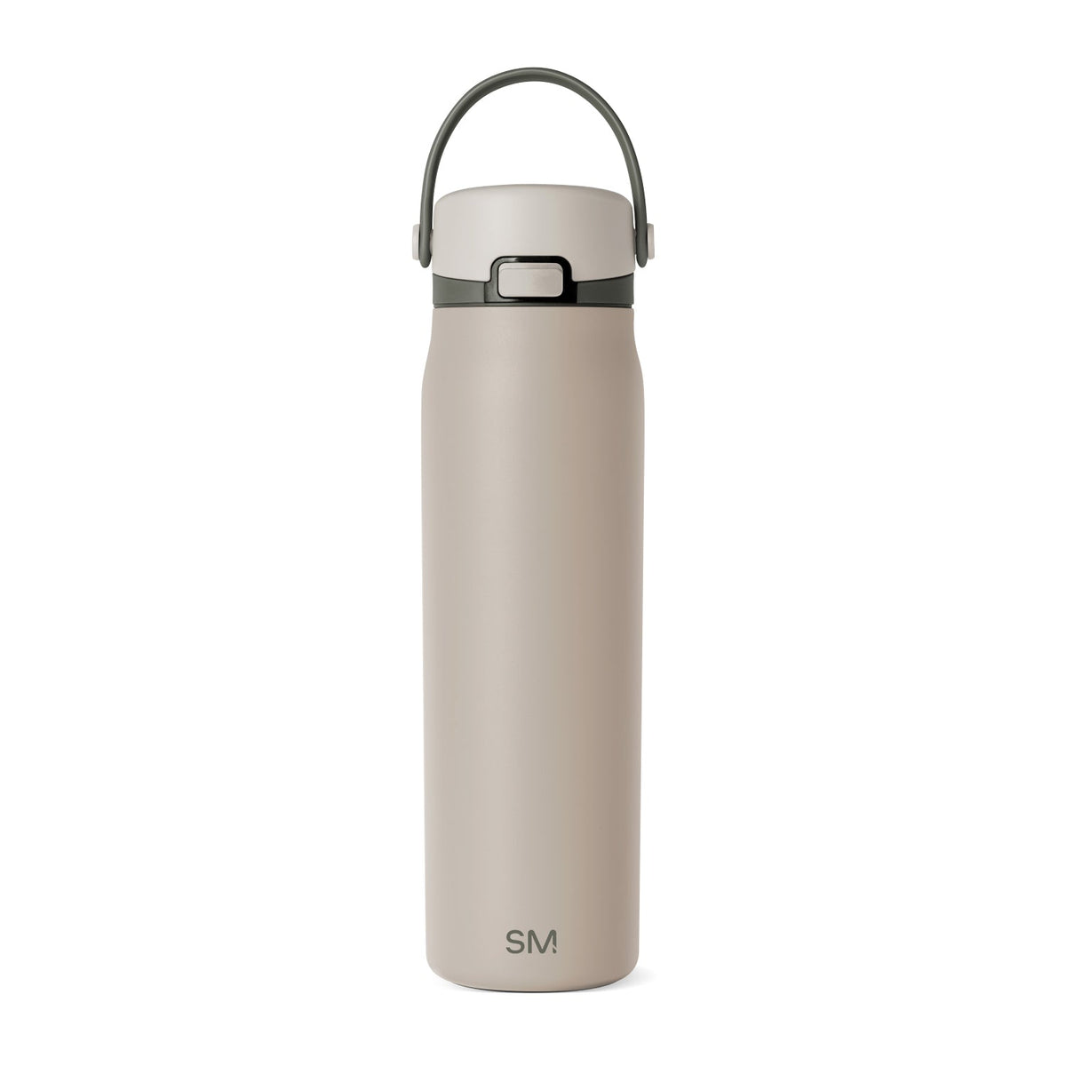 Beige stainless steel water bottle with sage green handle, band, and accent trim