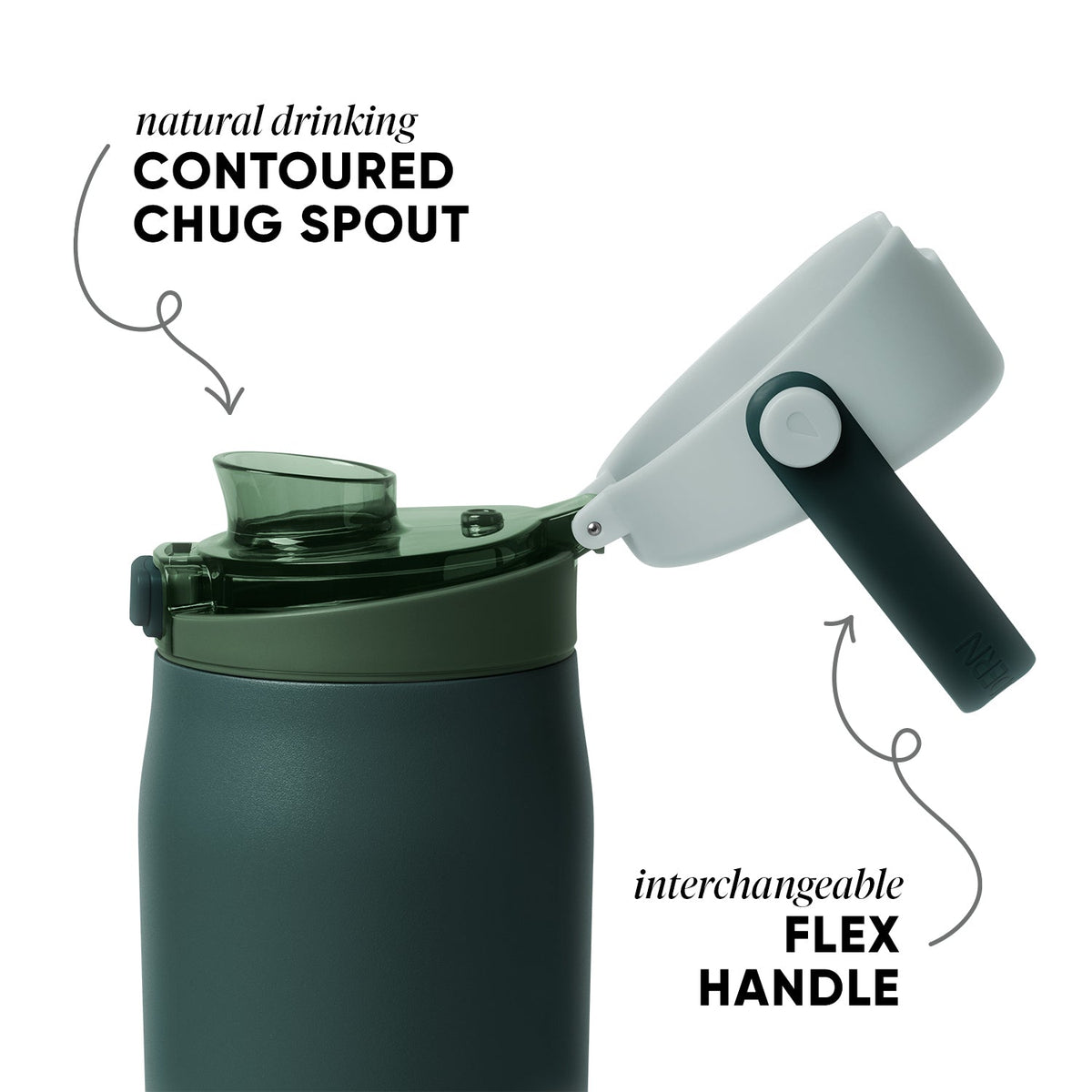 Sage green tumbler with darker forest green lid and spout mechanism on muted earthy background