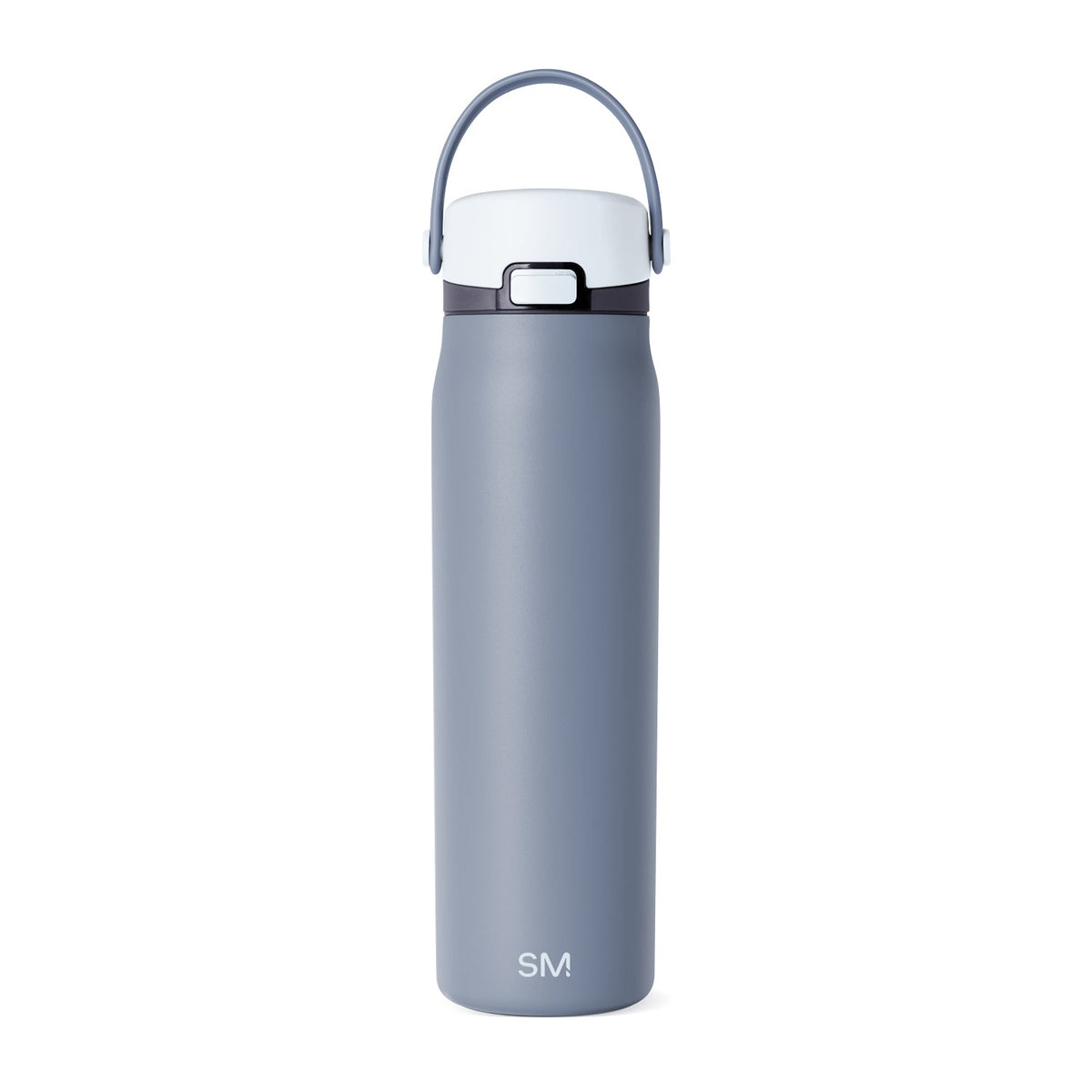 Slate blue water bottle with white lid and dark gray accents, featuring a modern design with curved contours and secure cap closure.