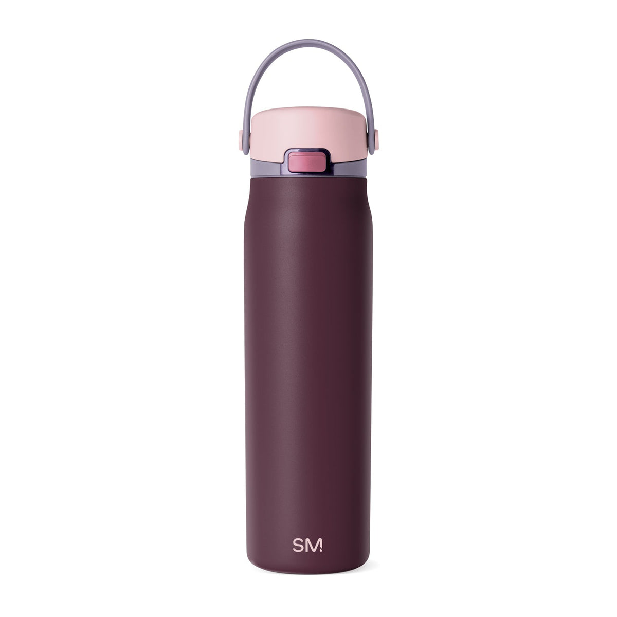 Insulated water bottle with deep burgundy cylindrical body and dusty pink top section in two-tone color blocking design.