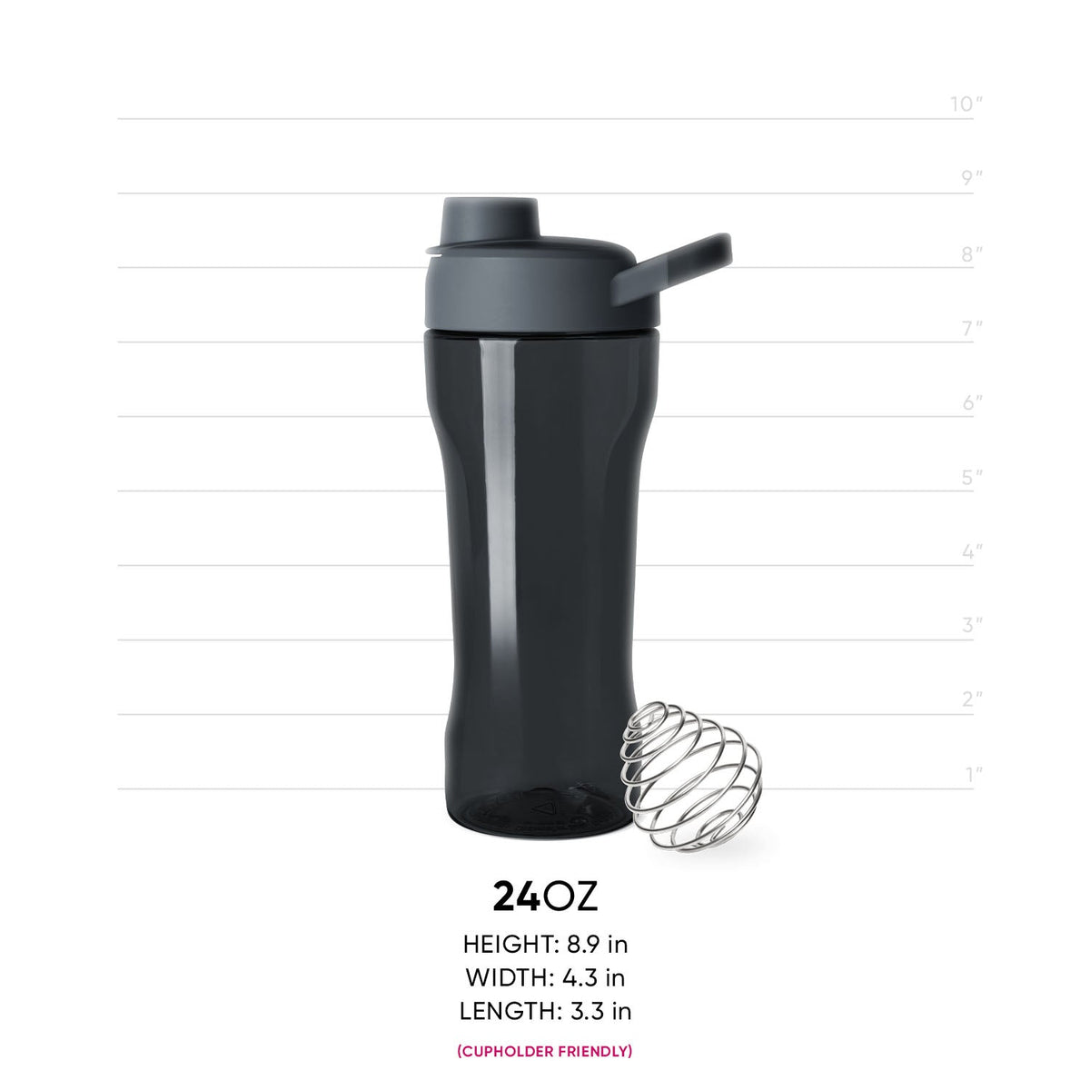 Black bottle with dark gray cap and stainless steel shaker ball on white background
