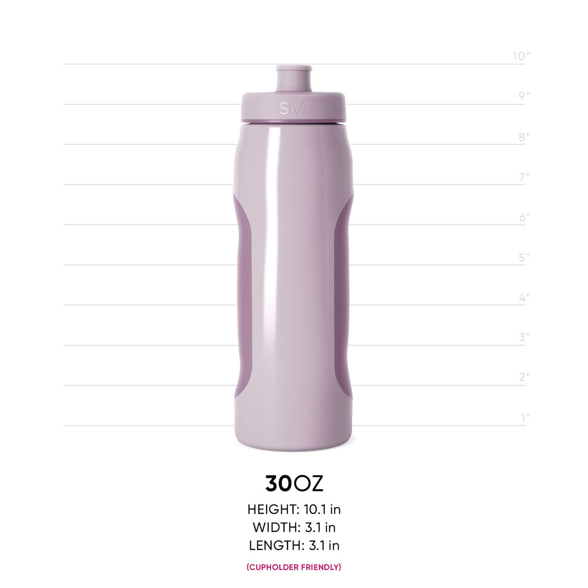 Lavender squeeze bottle with measurement markings and dark purple grip indentations on sides
