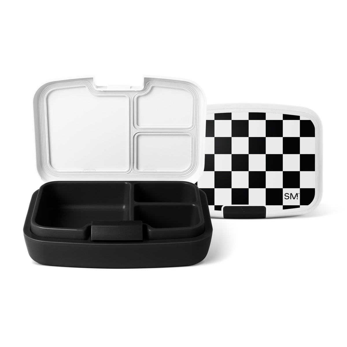 Three Simple Modern lunch containers with black and white compartmentalized bases and lids displayed against a white background. One features a checkered lid with the SM logo.